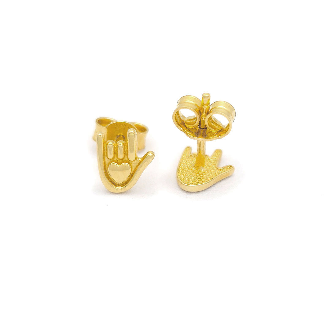 14k I Love You Hand Sign Stud Earrings Back