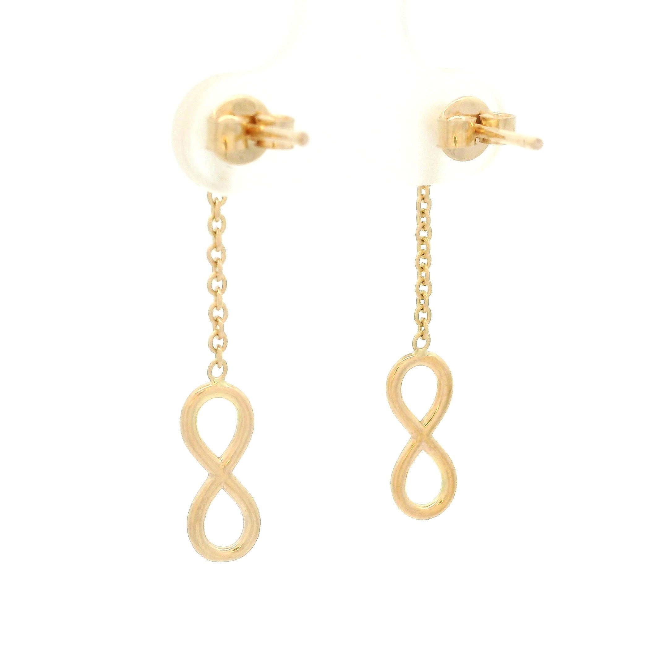 14k yellow gold hanging infinity earrings back view on white background