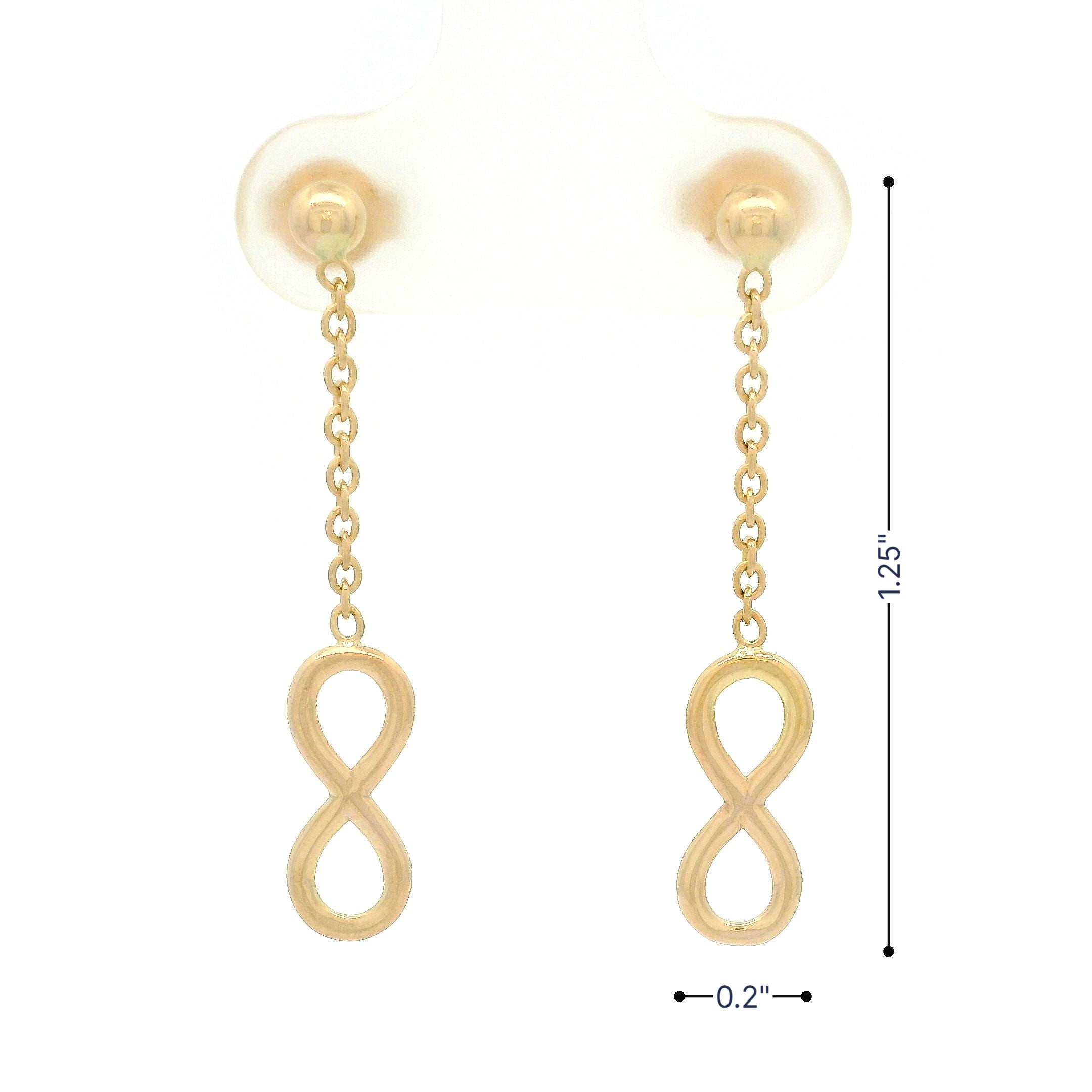 14k yellow gold hanging infinity earrings front view with measurement on white background