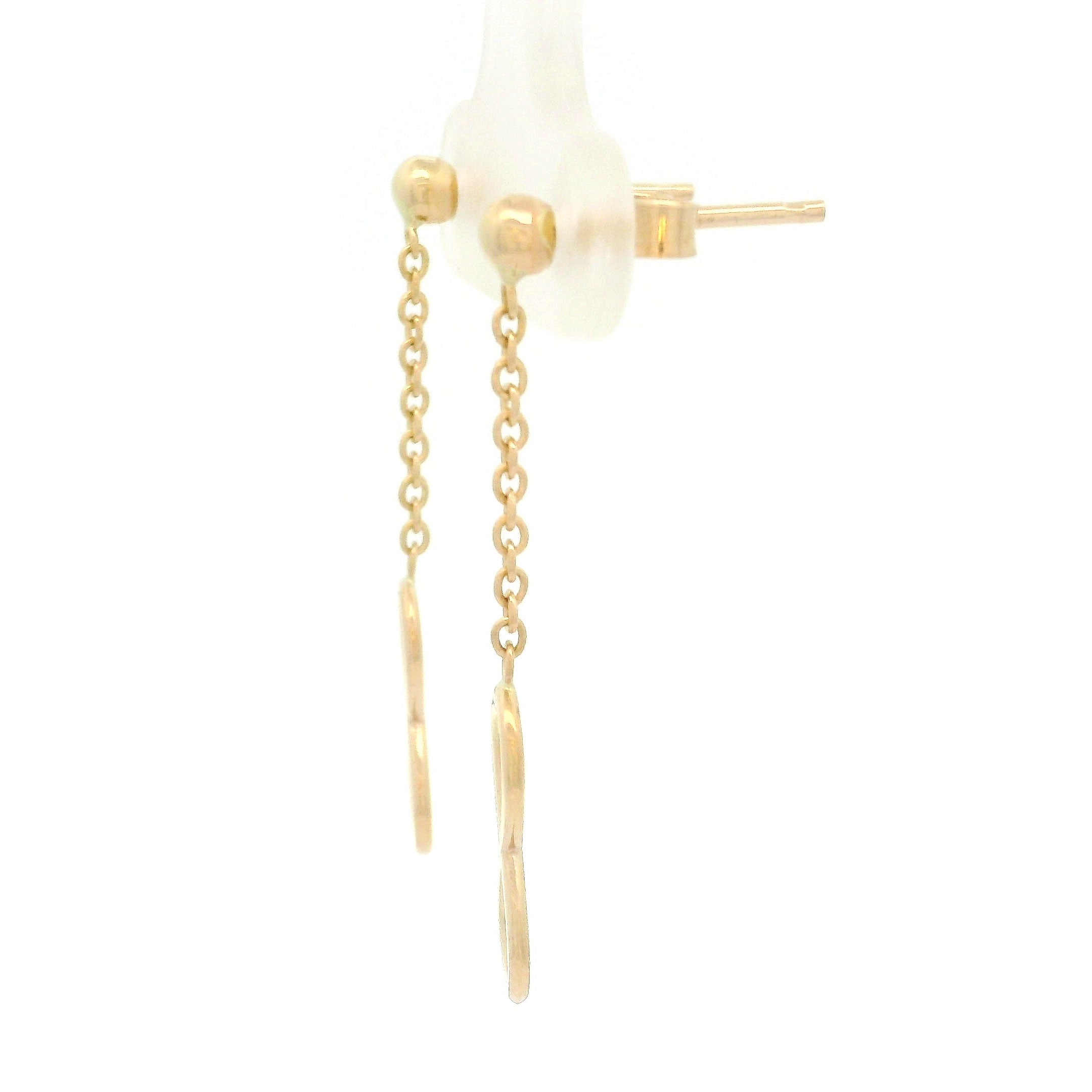 14k yellow gold hanging infinity earrings  side angle on white background