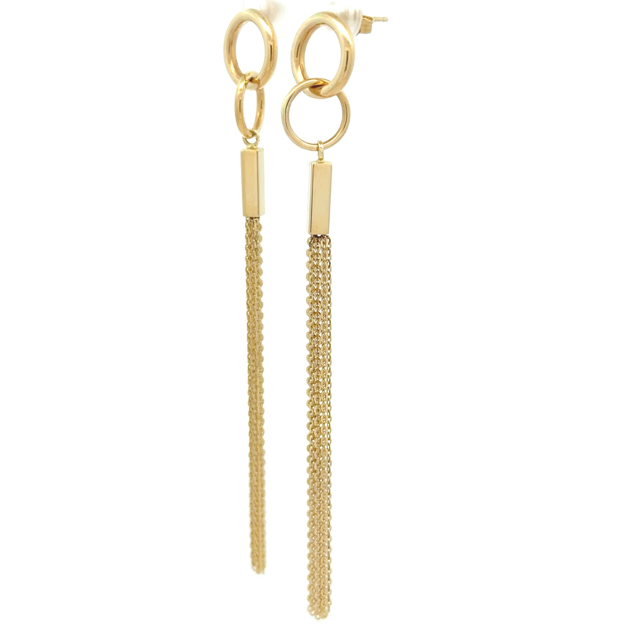 14k yellow gold hanging earrings with interlocking circles, rectangle bar, and multiple hanging chains