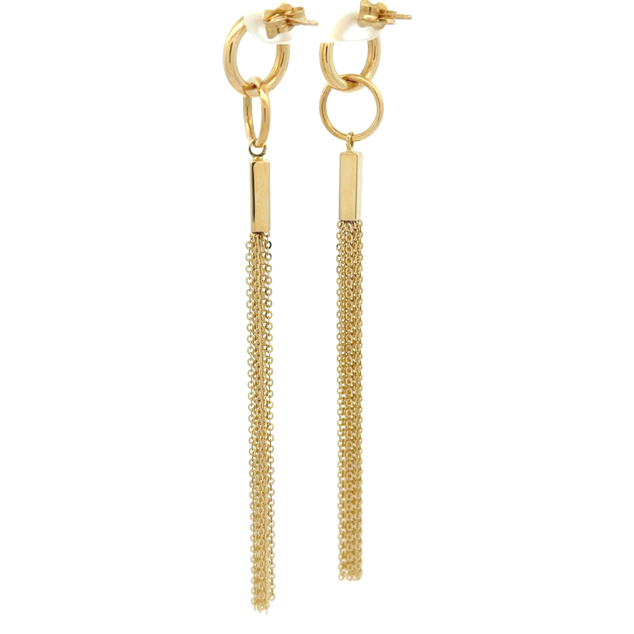 14k yellow gold hanging earrings with interlocking circles, rectangle bar, and multiple hanging chains back view