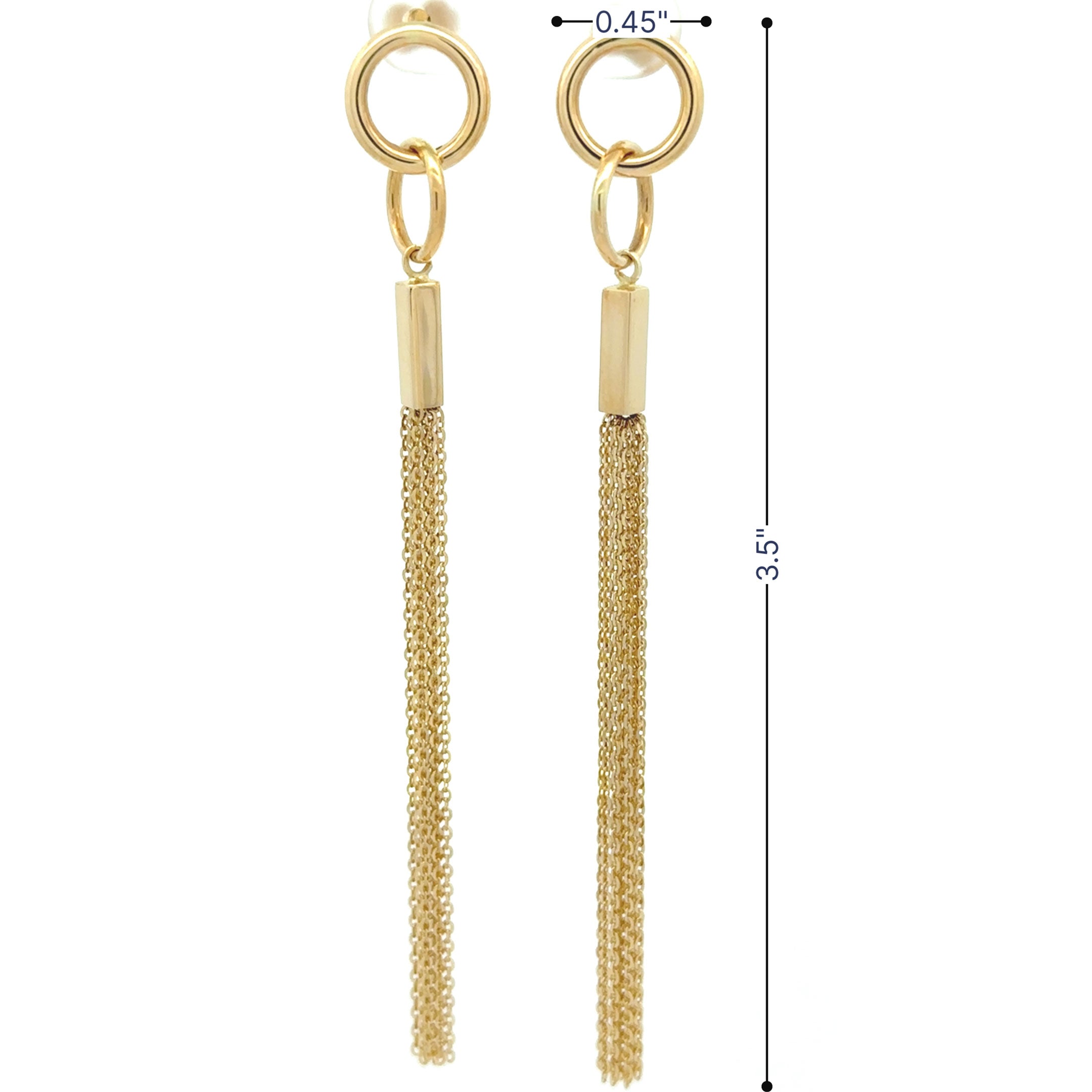 14k yellow gold hanging earrings with interlocking circles, rectangle bar, and multiple hanging chains front view and size