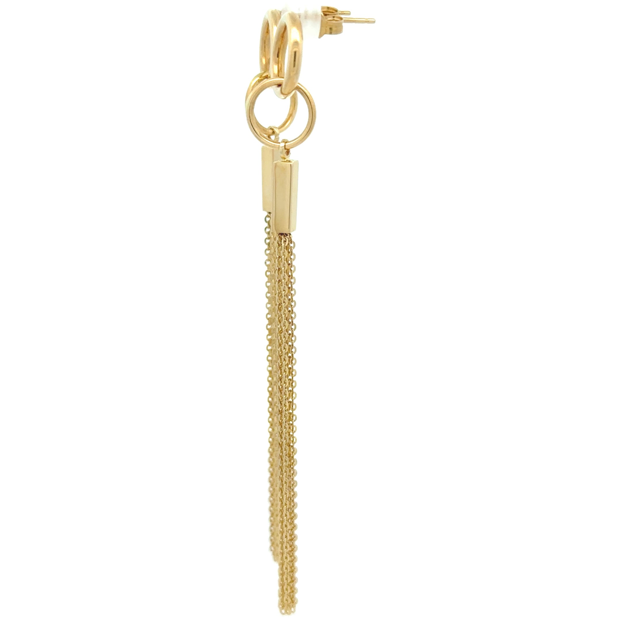 14k yellow gold hanging earrings with interlocking circles, rectangle bar, and multiple hanging chains side view