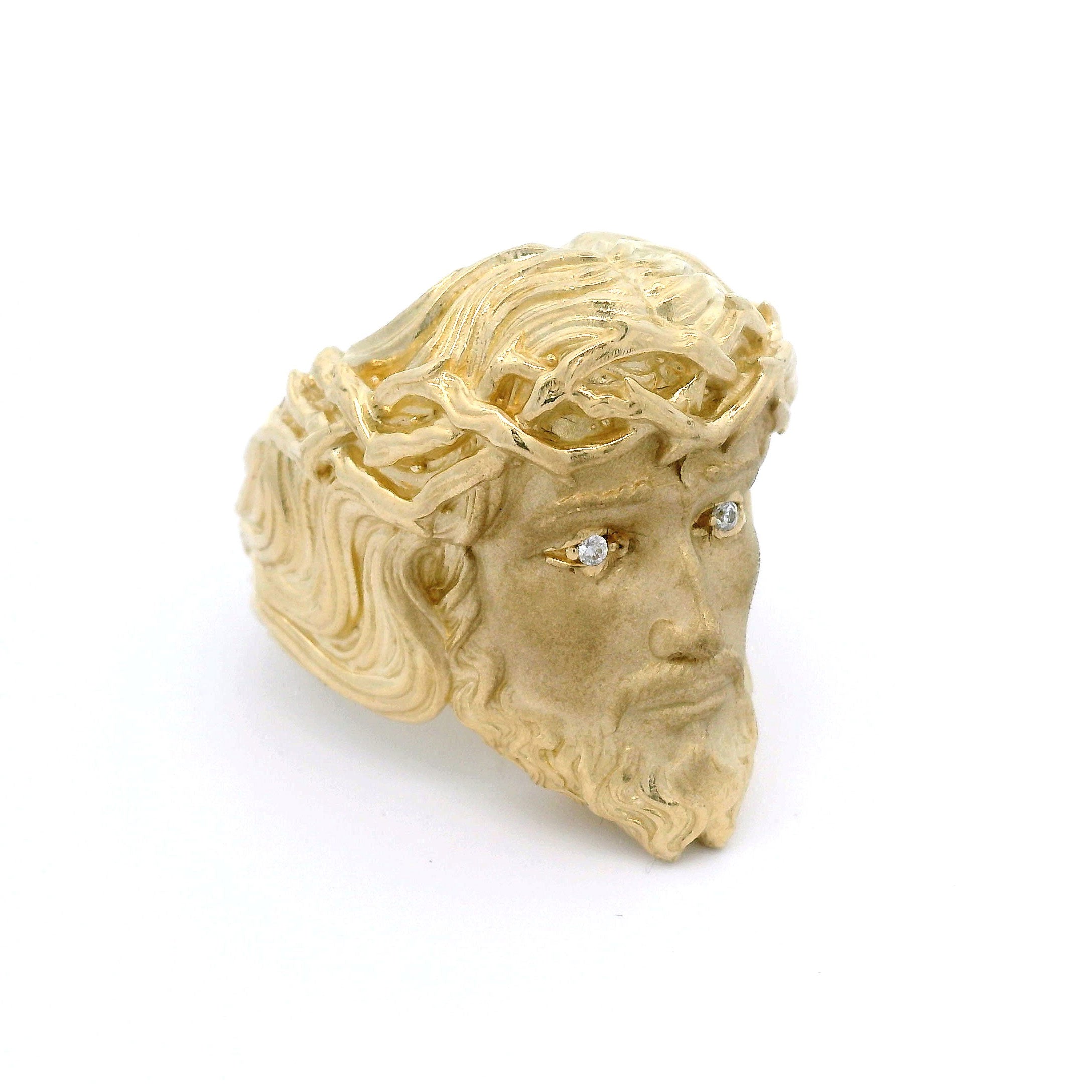 10k CZ Jesus Head Satin Puff Ring Side