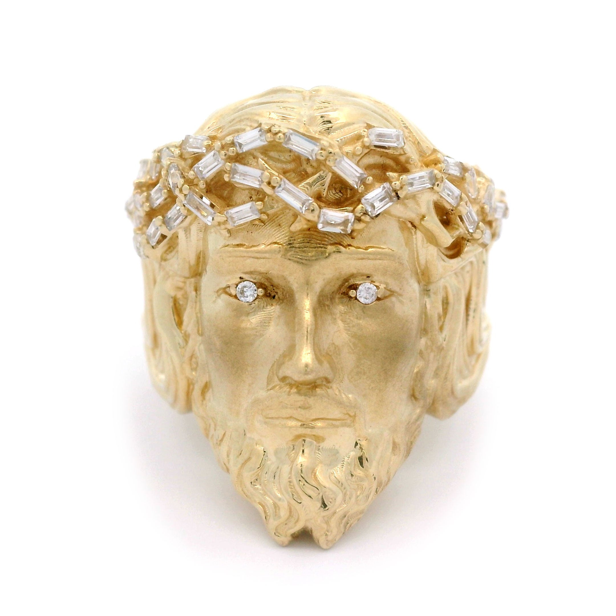 Jesus Head Satin Puff Ring with Baguette Stones in 10kt Yellow Gold