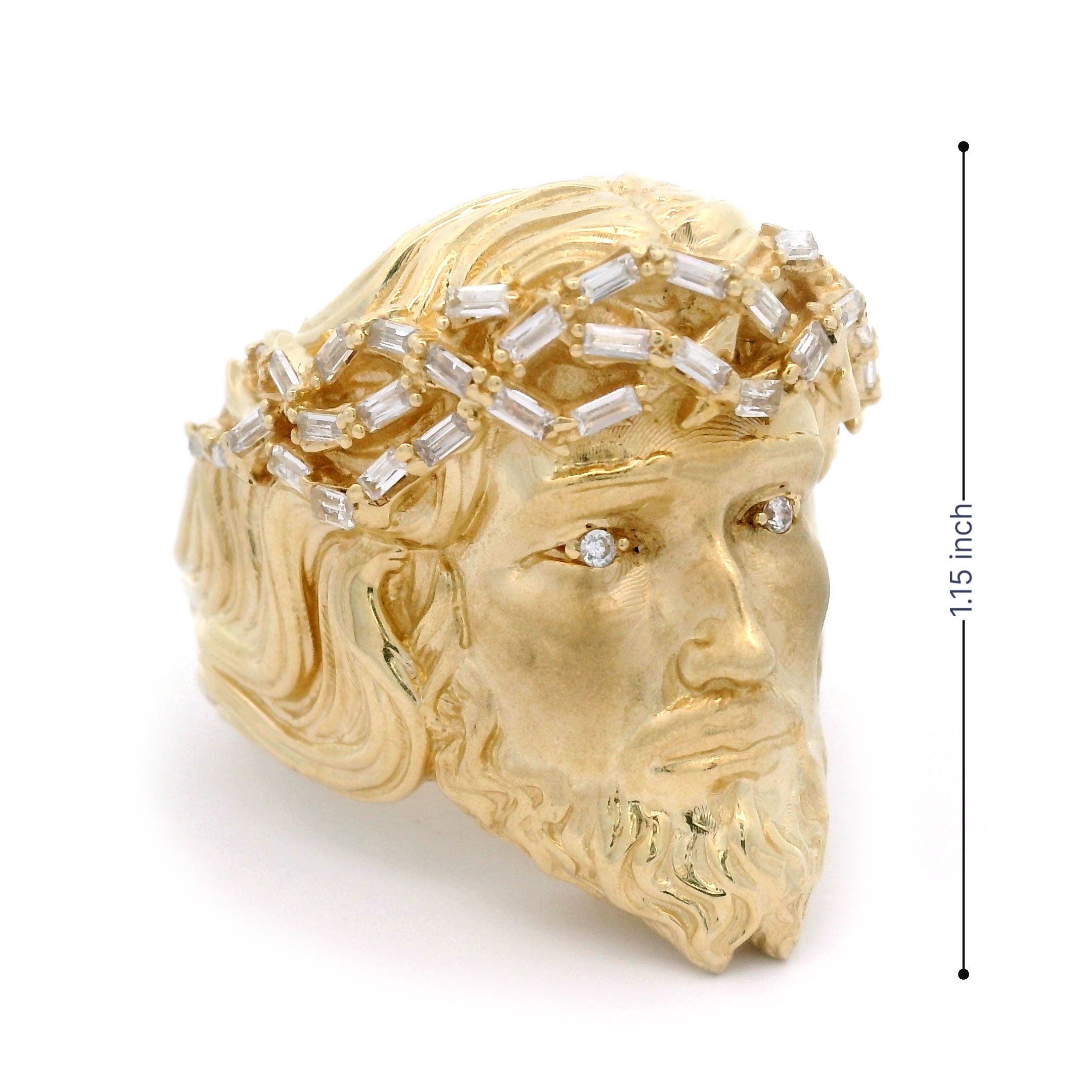 Jesus Head Satin Puff Ring with Baguette Stones in 10kt Yellow Gold Height 1.15 inch