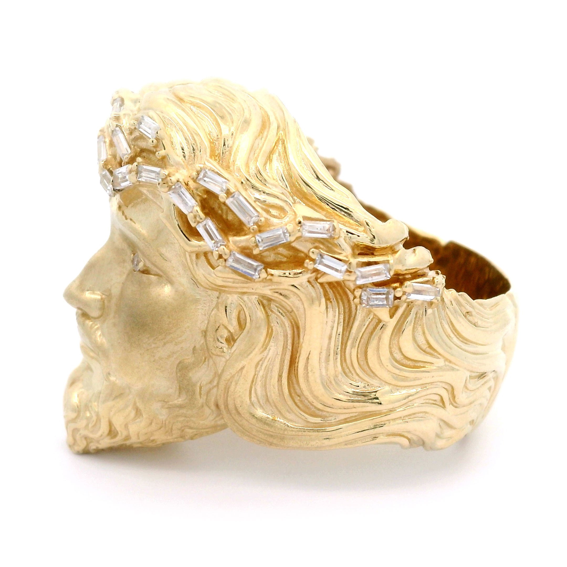 Jesus Head Satin Puff Ring with Baguette Stones in 10kt Yellow Gold Side