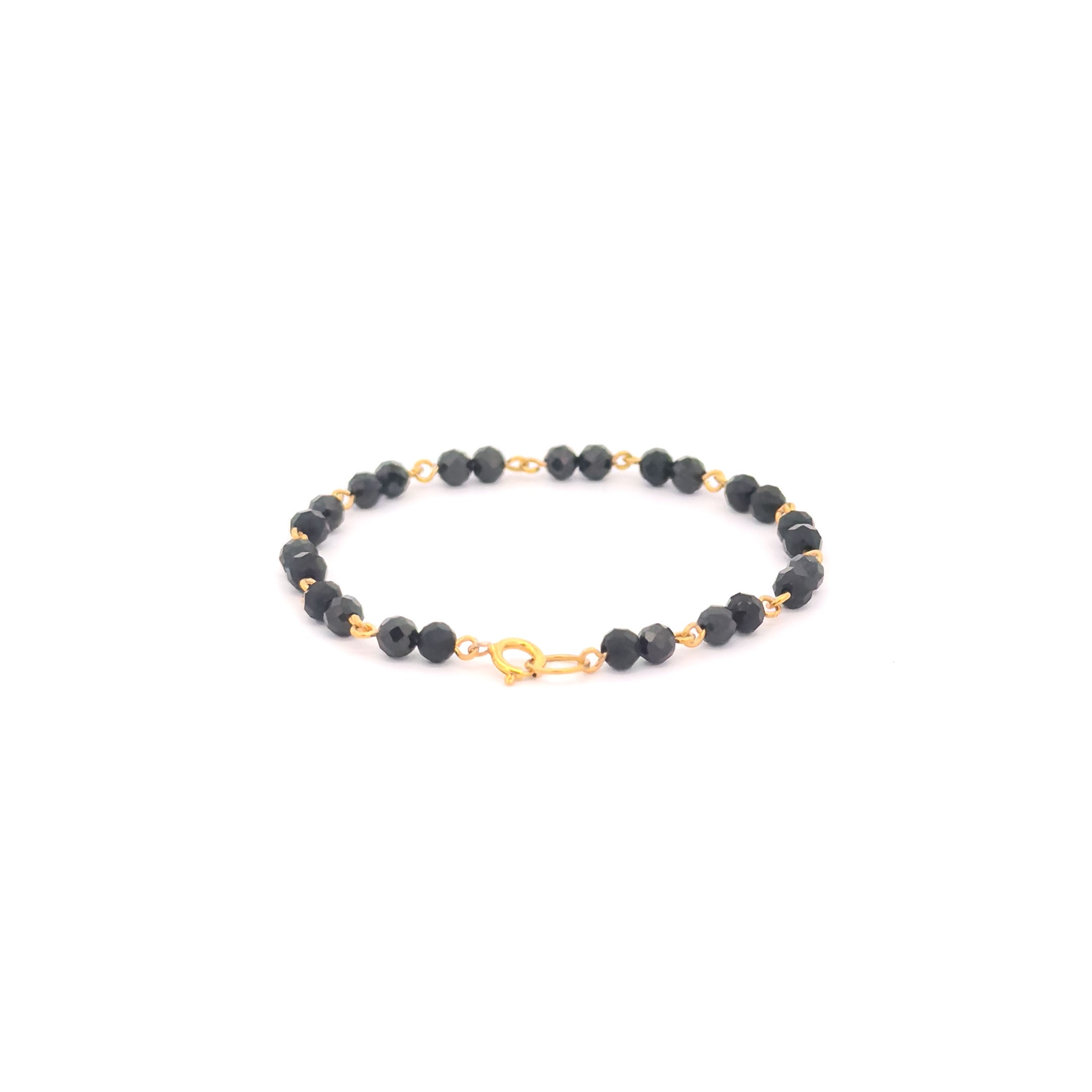 10k Gold 3mm Round Faceted Onyx Beaded Baby Bracelet Spring Lock