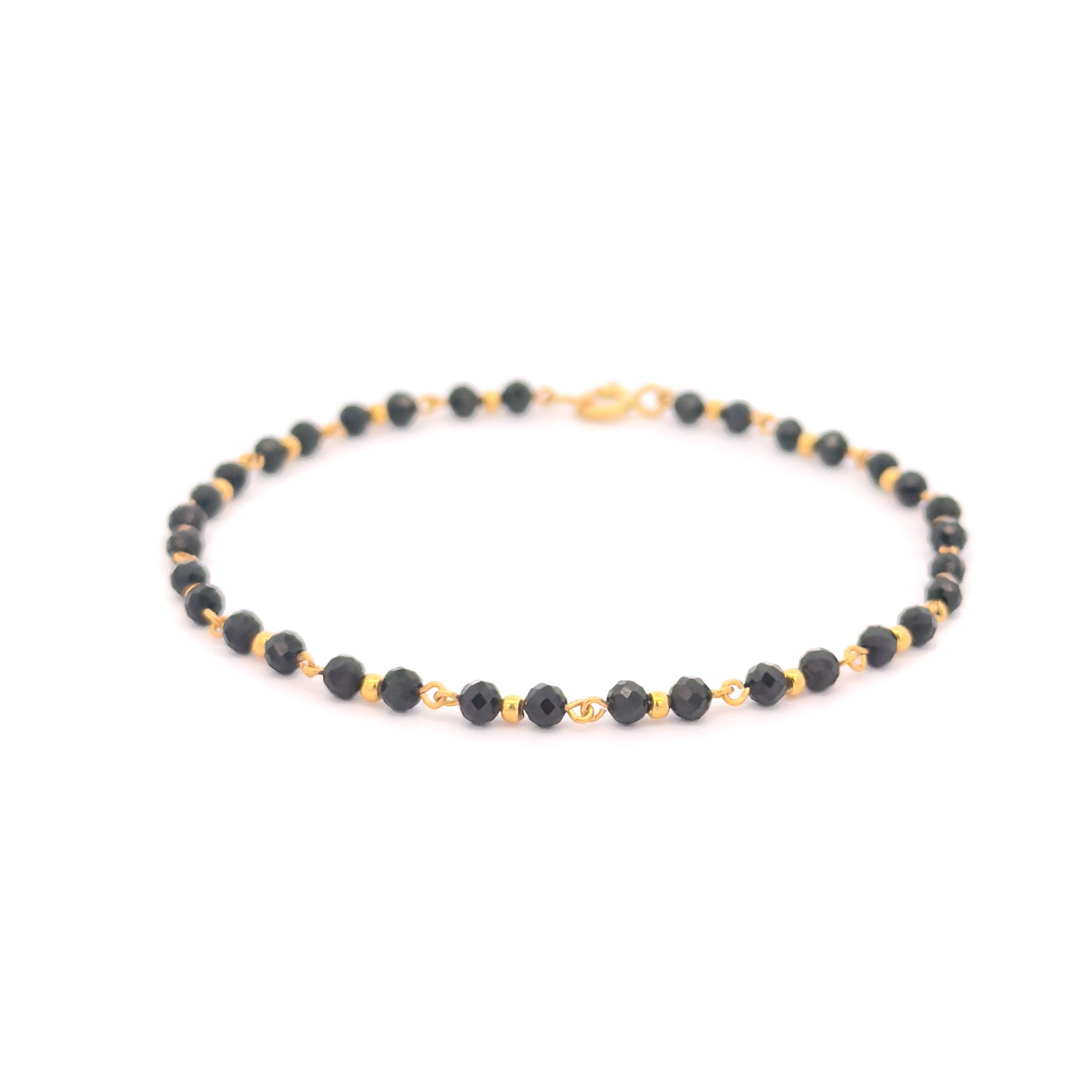 10k Gold 3mm Round Faceted Onyx Bead Bracelet with Gold Ball Accents
