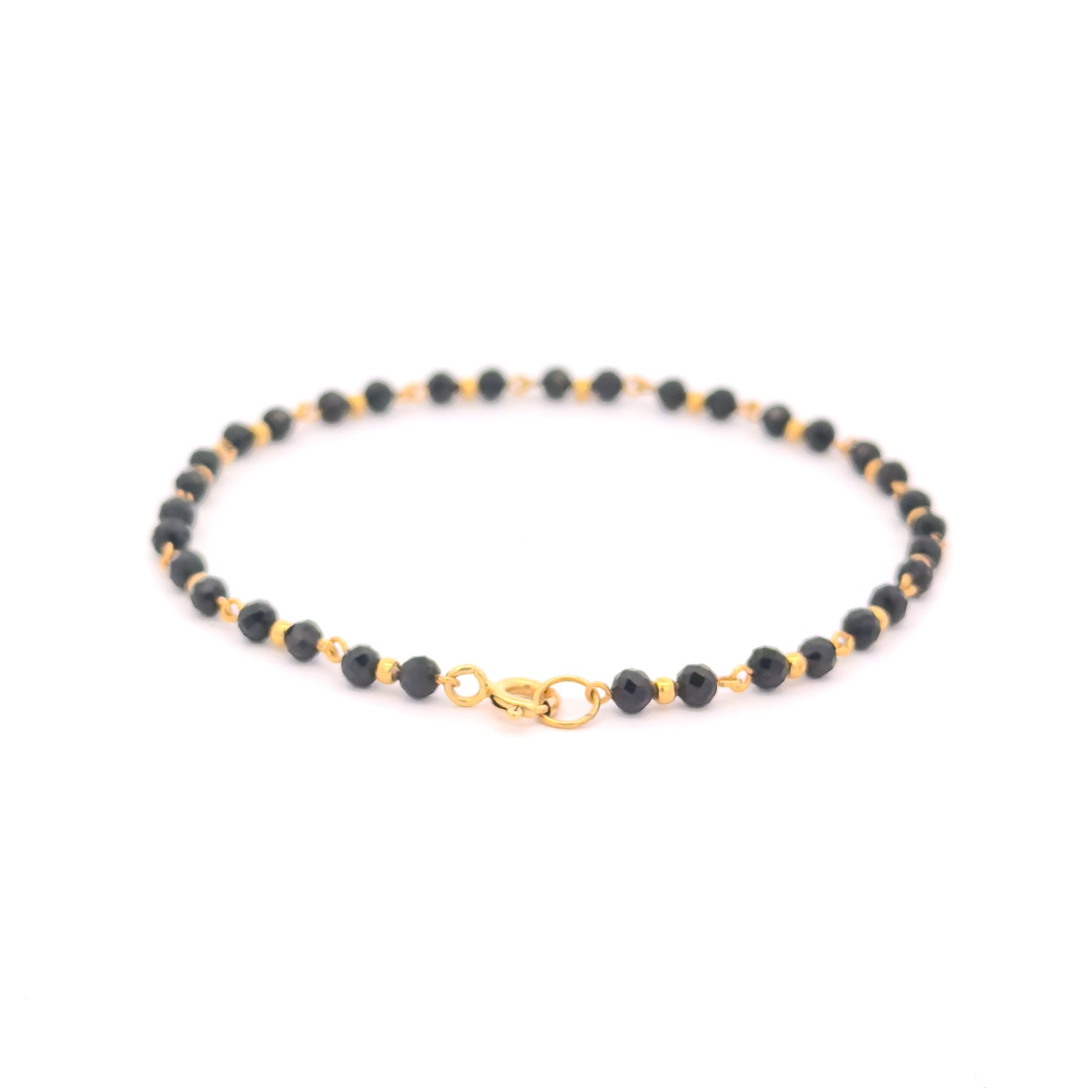 10k Gold 3mm Round Faceted Onyx Bead Bracelet with Gold Ball Accents Spring Lock