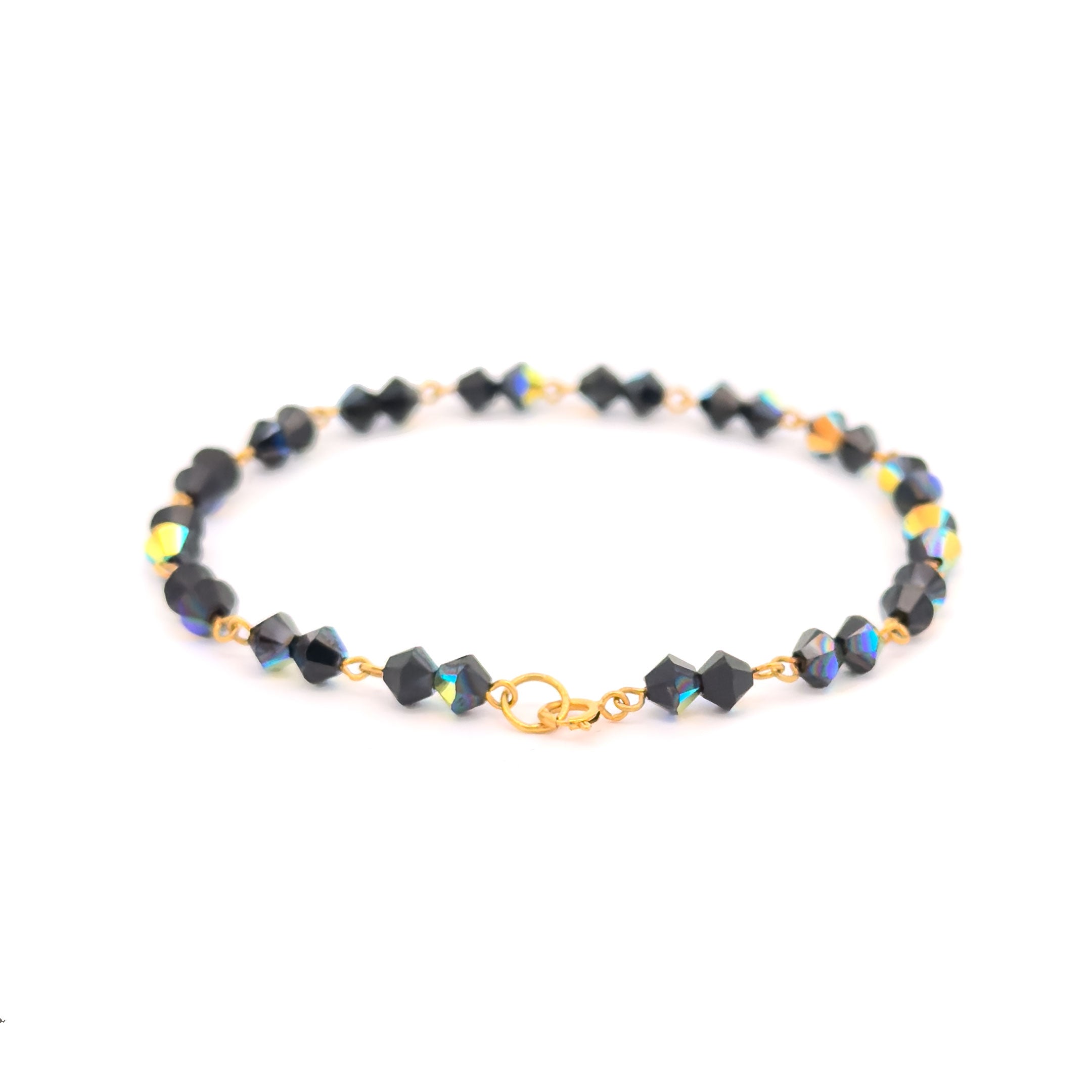 10k Yellow Gold Jet Black AB 4mm Bicone Crystal West Indian Bracelet Spring Ring