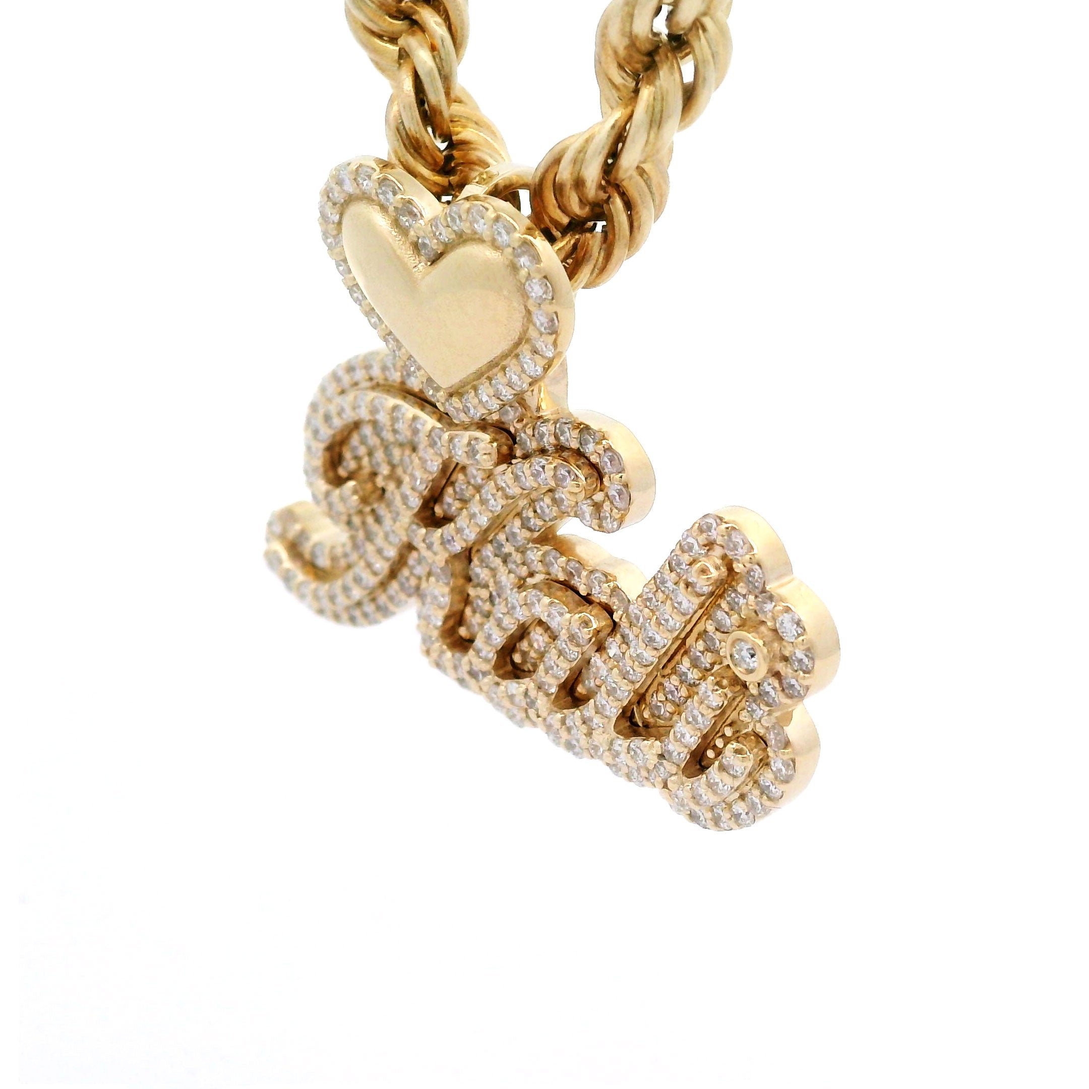 Gold and Diamond Kali Name Pendant with Heart Bale Side