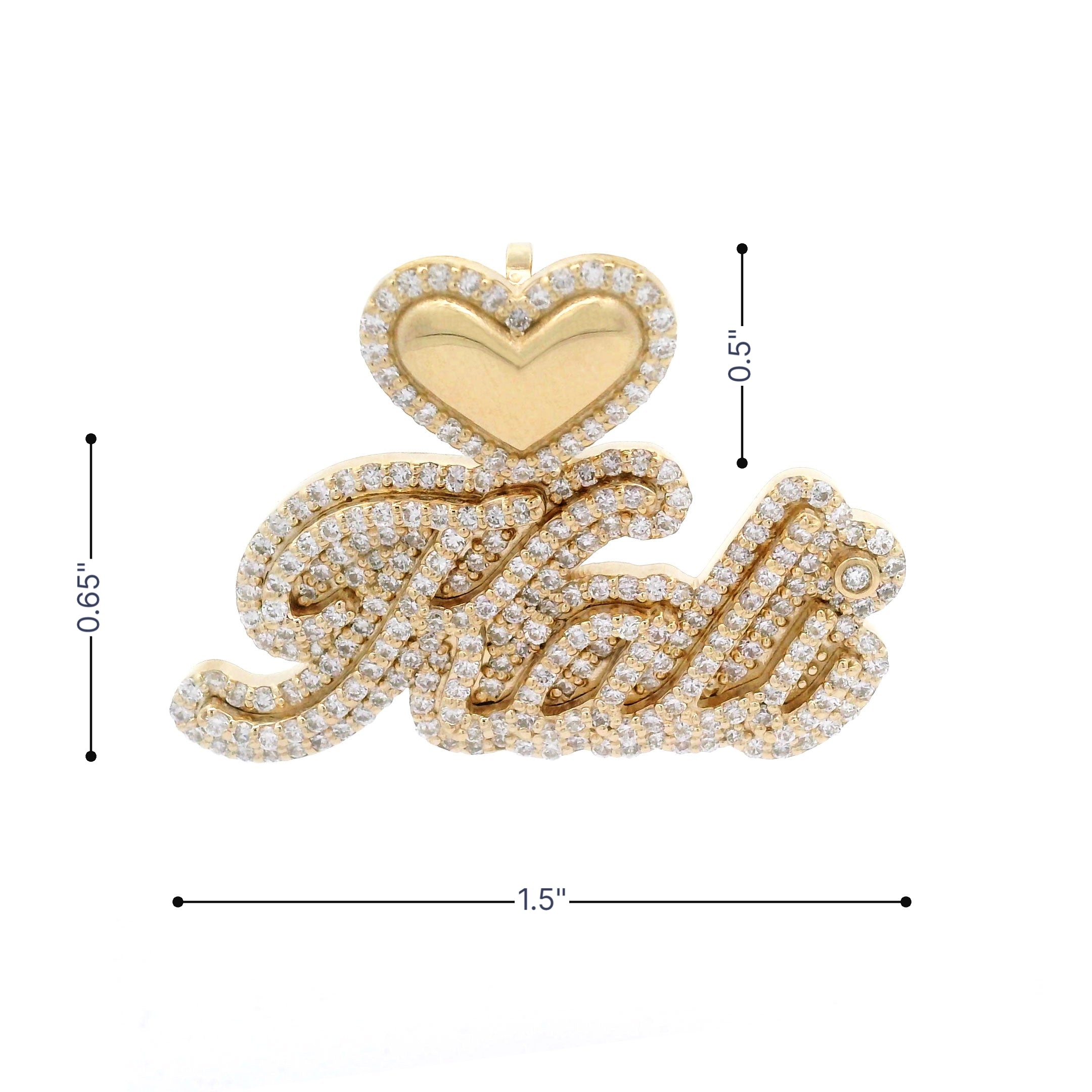 Gold and Diamond Kali Name Pendant with Heart Bale Size