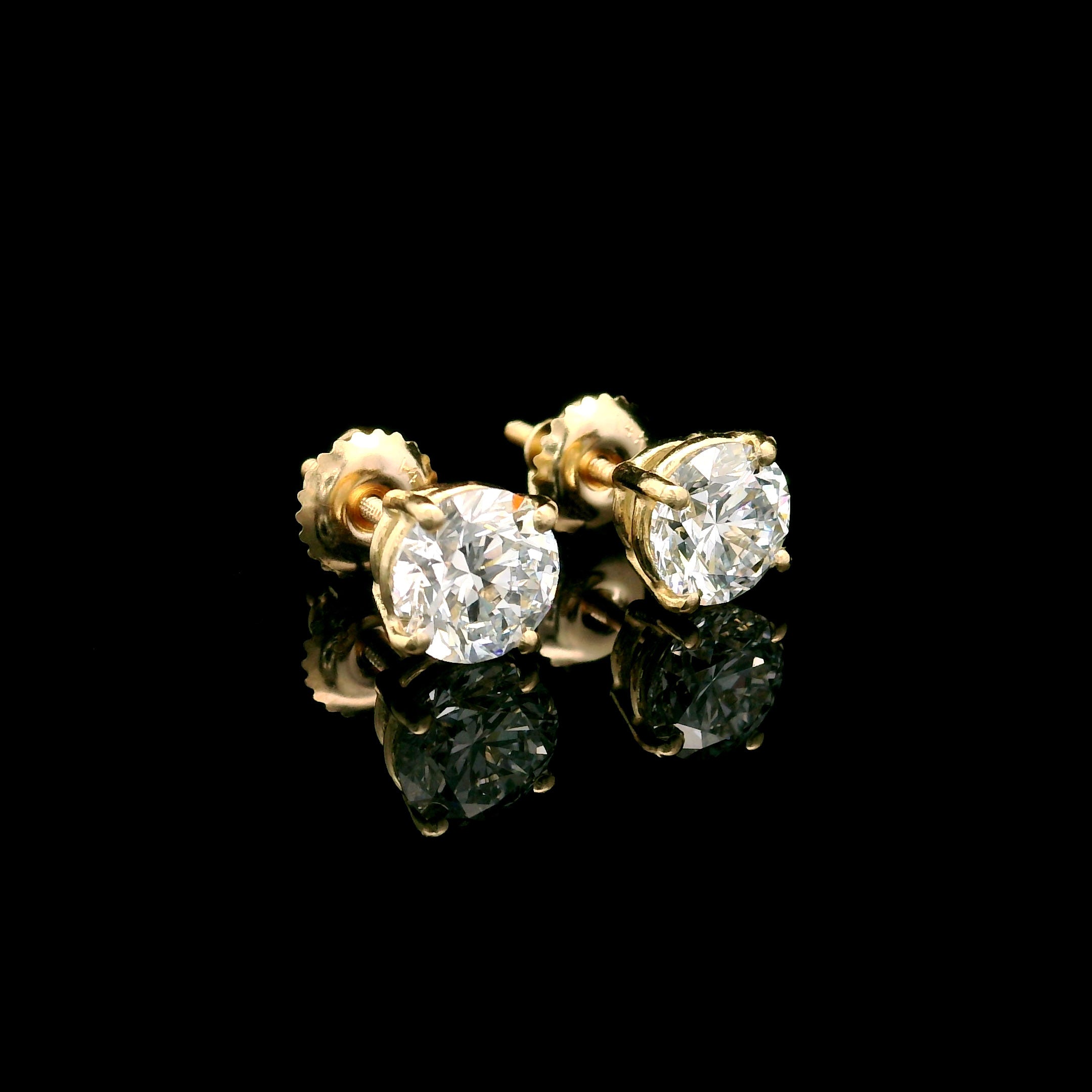 14k Gold 2 CTW Lab-Diamond Four-Prong Solitaire Screw Back Stud Earrings on black background right