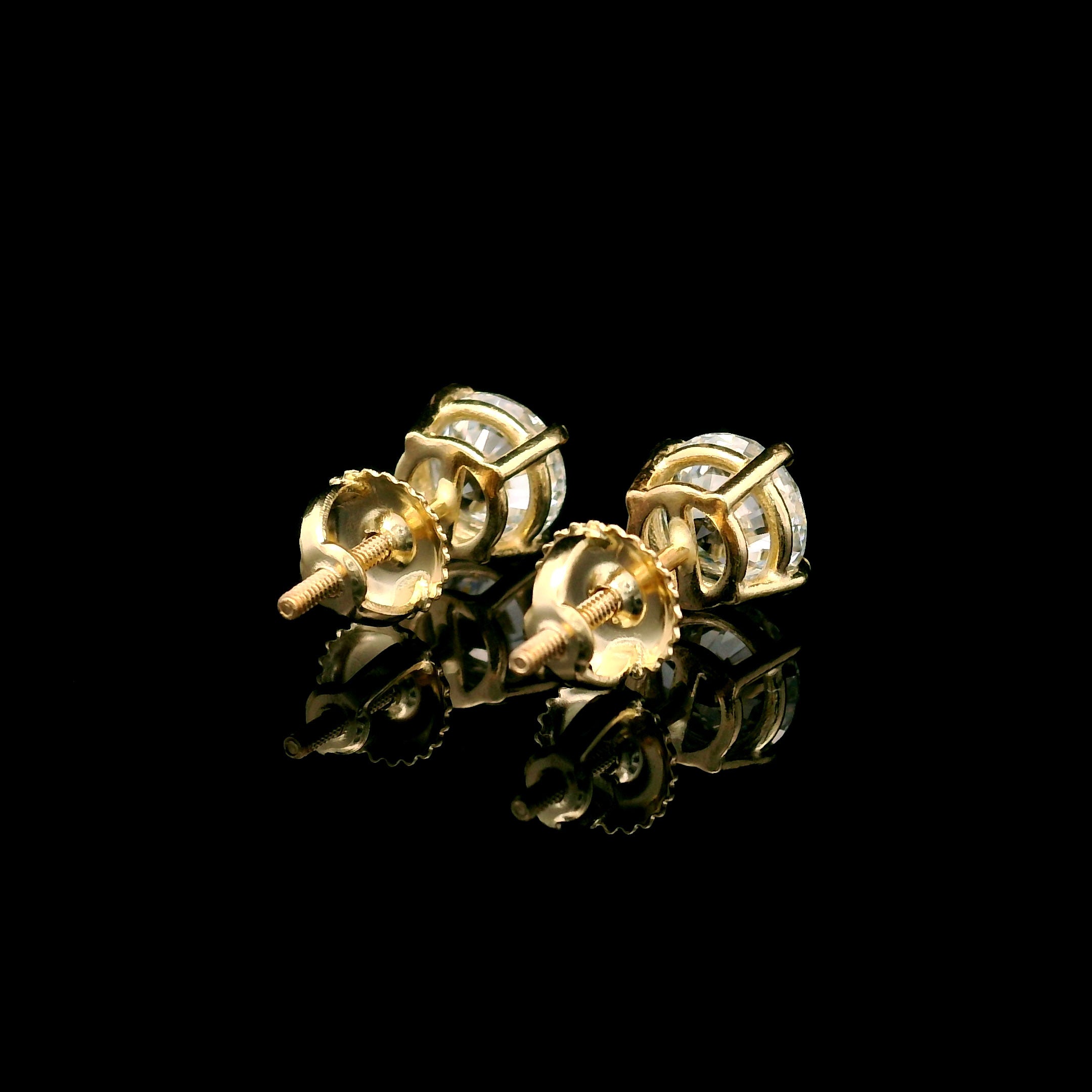 14k Gold 2 CTW Lab-Diamond Four-Prong Solitaire Screw Back Stud Earrings on black background back