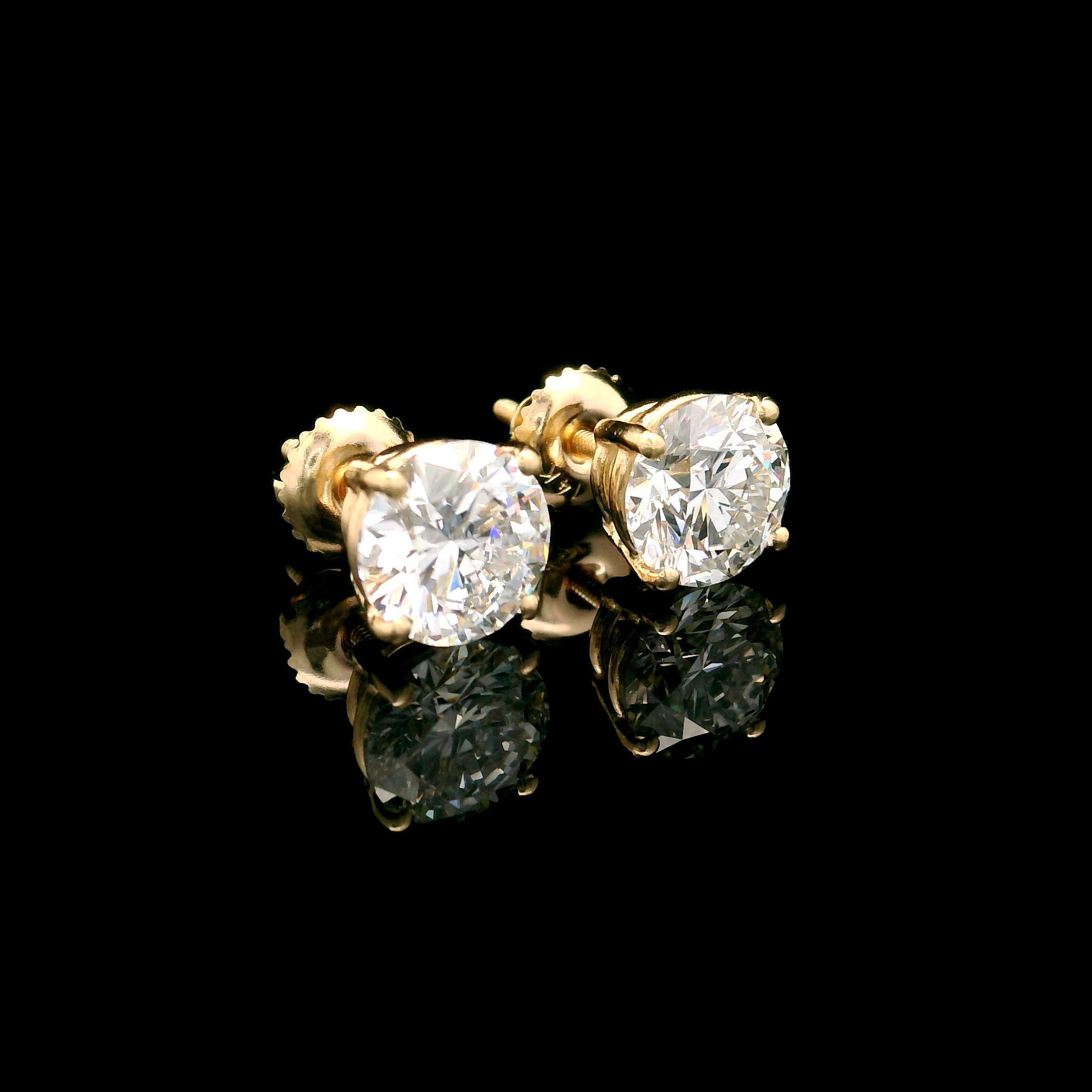 14k Gold 3 CTW Lab-Diamond Four-Prong Solitaire Screw Back Stud Earrings on black background right
