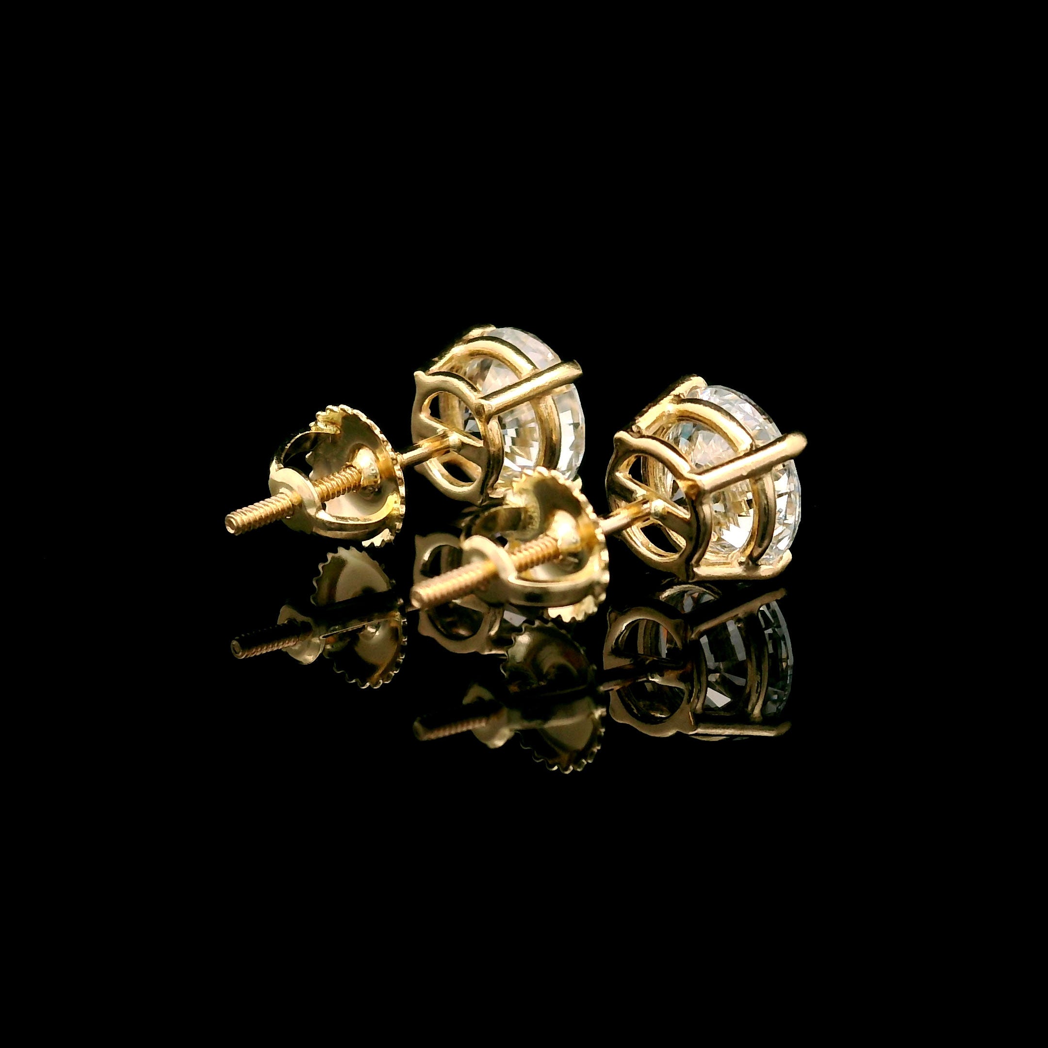14k Gold 3 CTW Lab-Diamond Four-Prong Solitaire Screw Back Stud Earrings on black background back