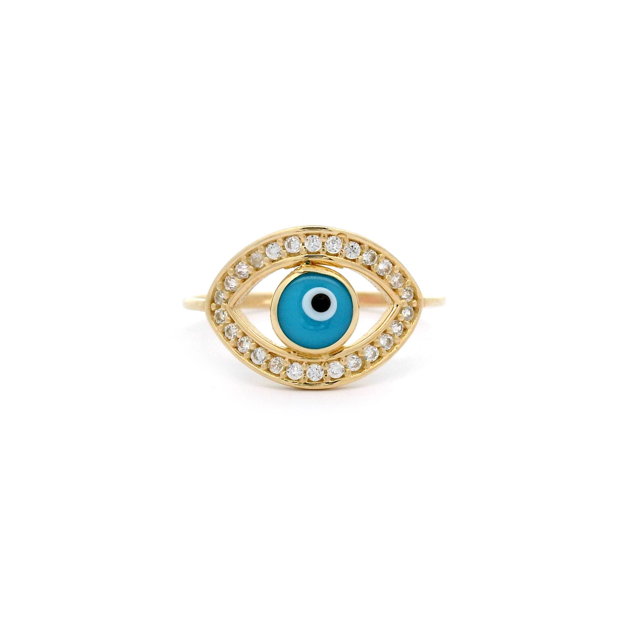  Light Blue Evil Eye Ring in Solid 14kt Yellow Gold