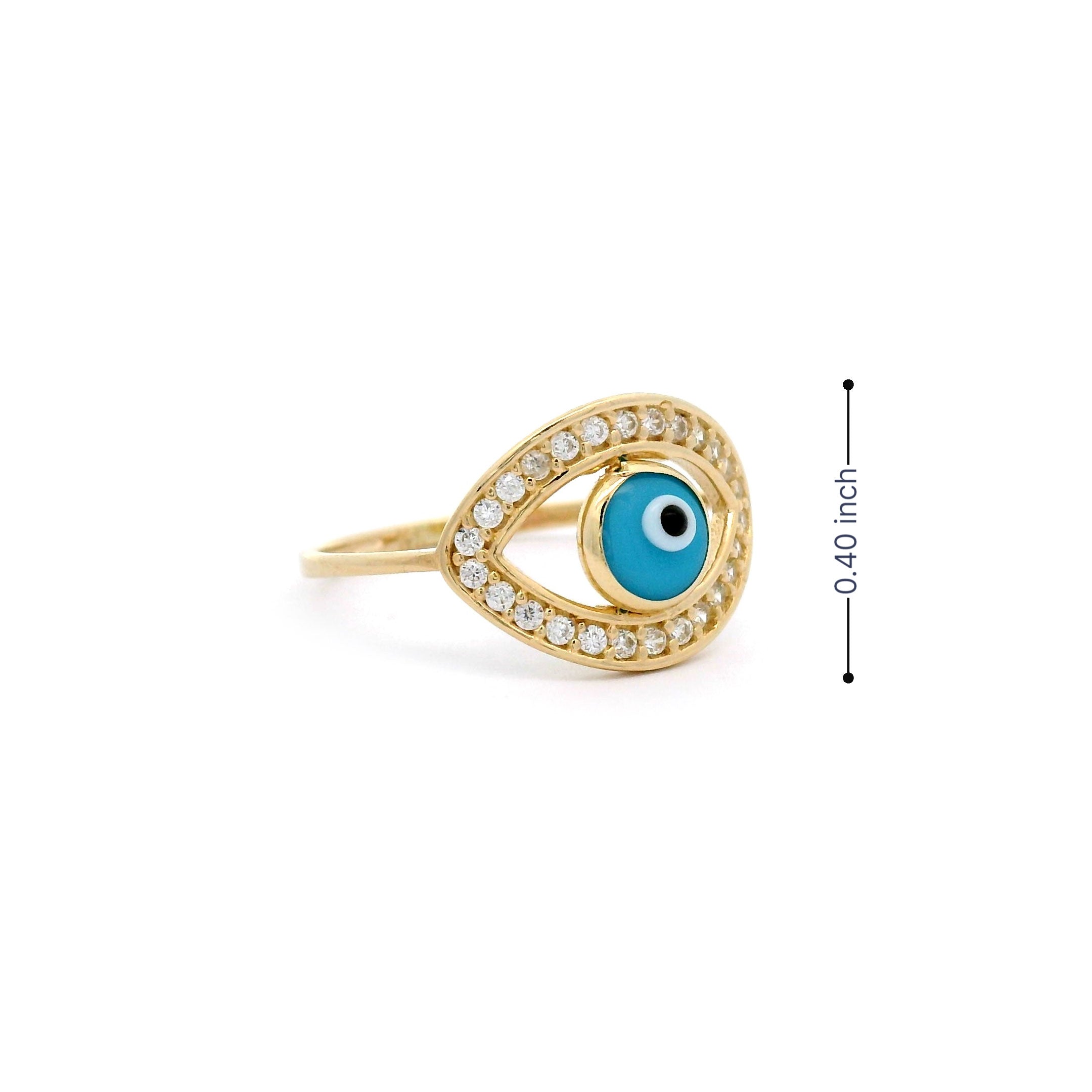  Light Blue Evil Eye Ring in Solid 14kt Yellow Gold Height 0.40 inch