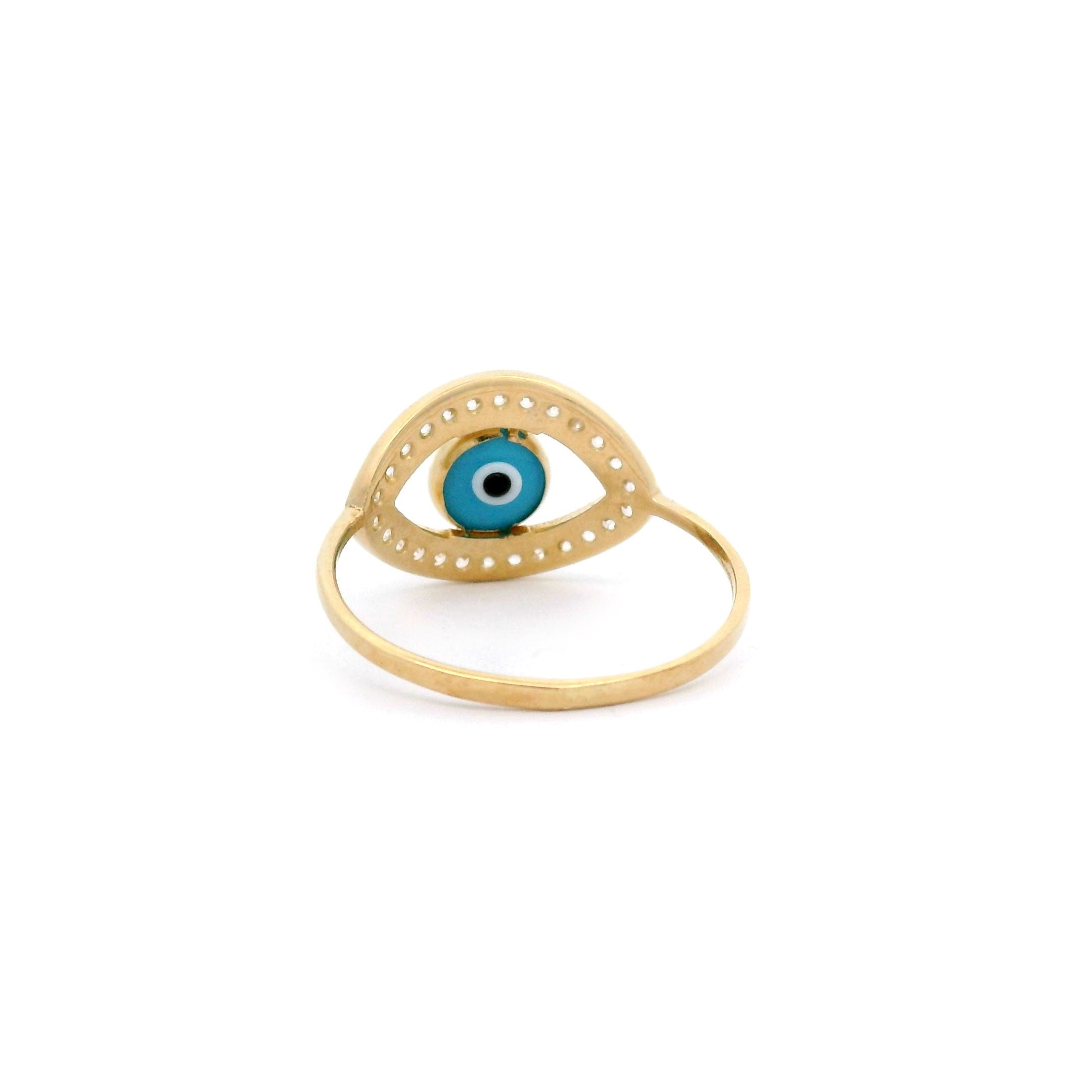 Light Blue Evil Eye Ring in Solid 14kt Yellow Gold Back