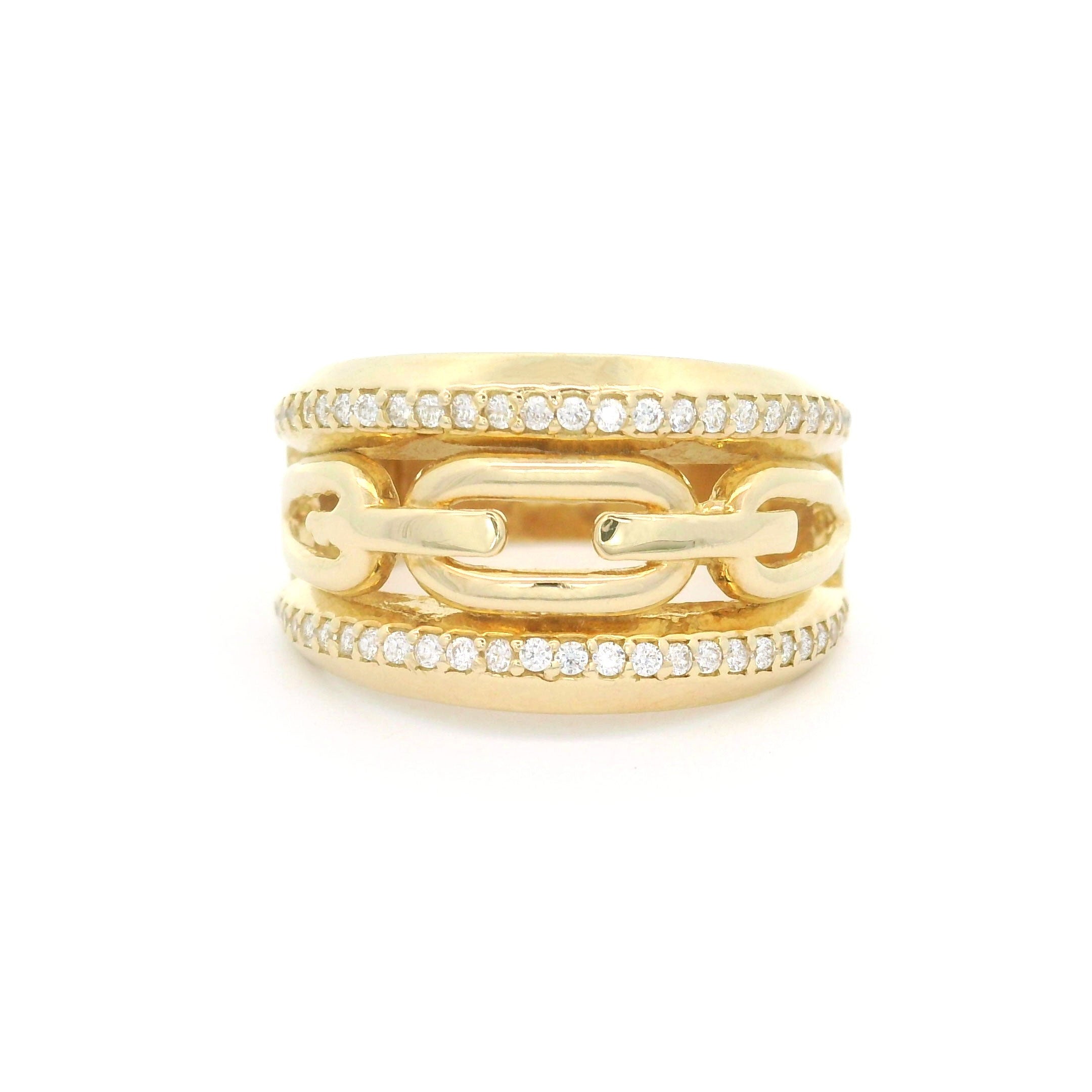 10k yellow gold with row of cz on top and bottom and link design in center on white background