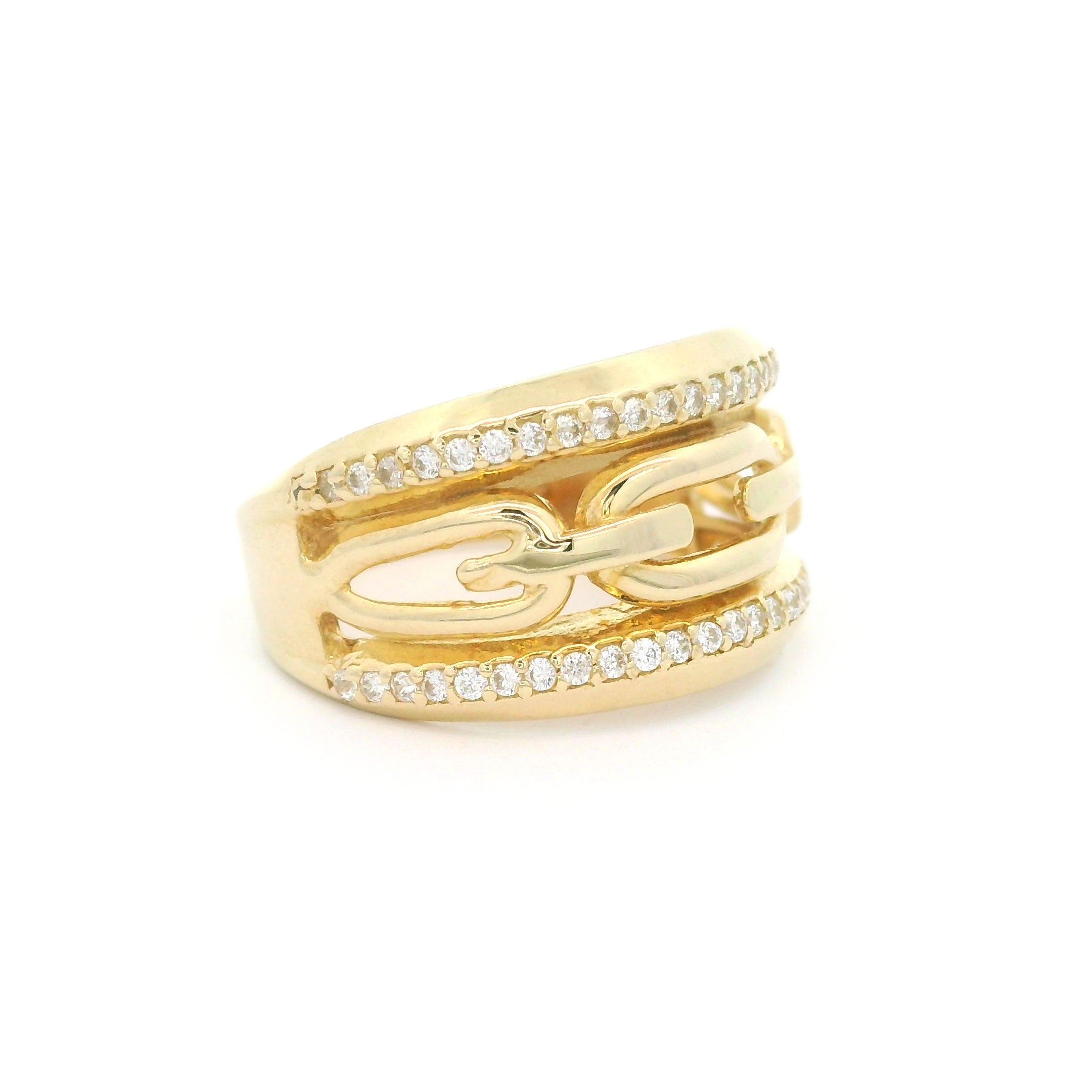 10k yellow gold with row of cz on top and bottom and link design in center on white background left side