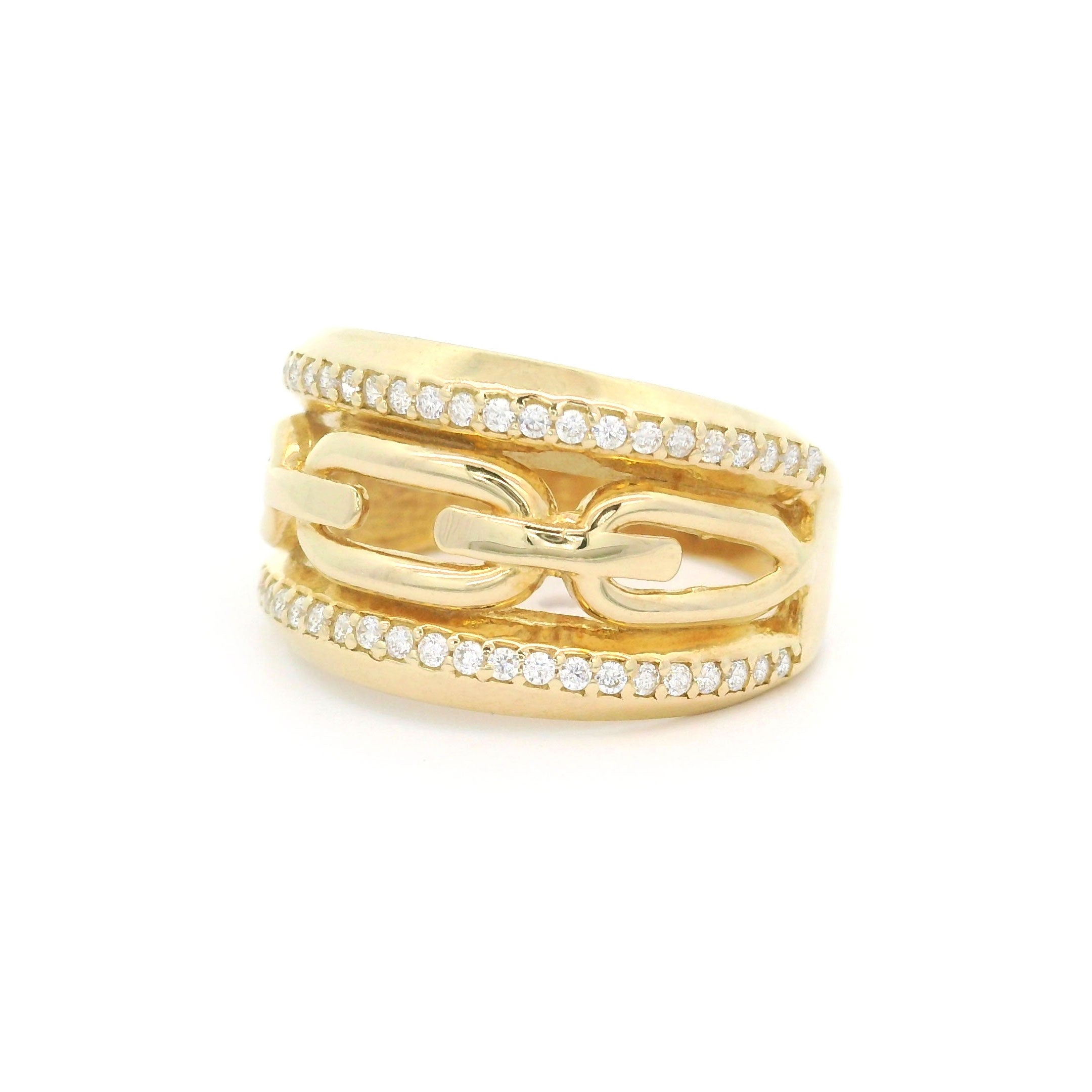 10k yellow gold with row of cz on top and bottom and link design in center on white background right side
