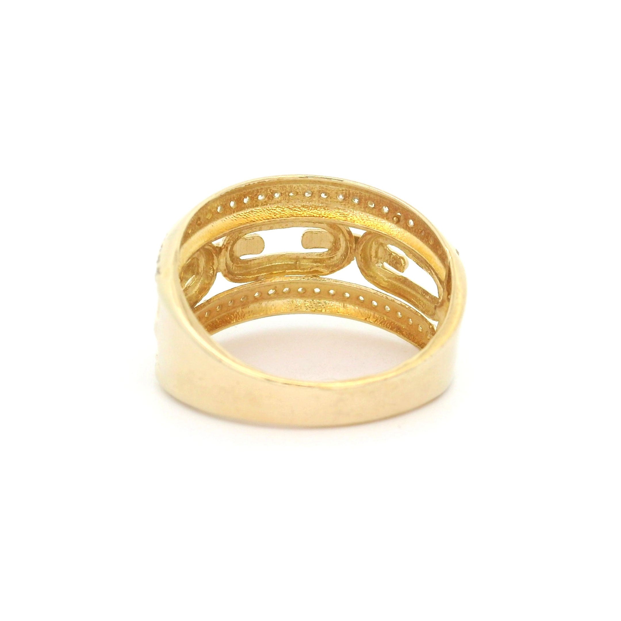 10k yellow gold with row of cz on top and bottom and link design in center on white background back view