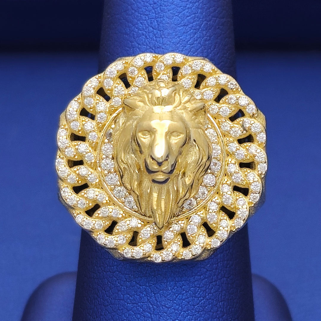 10k CZ Lion Head Round Cuban Link Border Ring