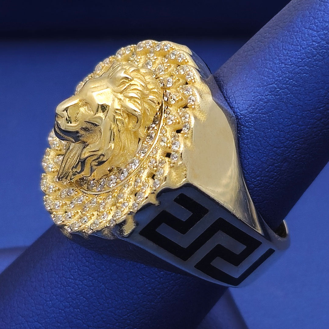 10k CZ Lion Head Round Cuban Link Border Ring Side