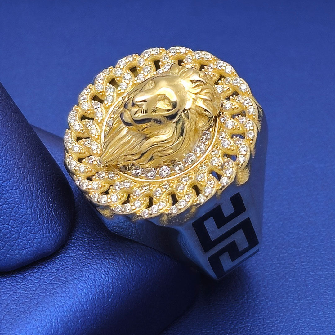 10k CZ Lion Head Round Cuban Link Border Ring Angle