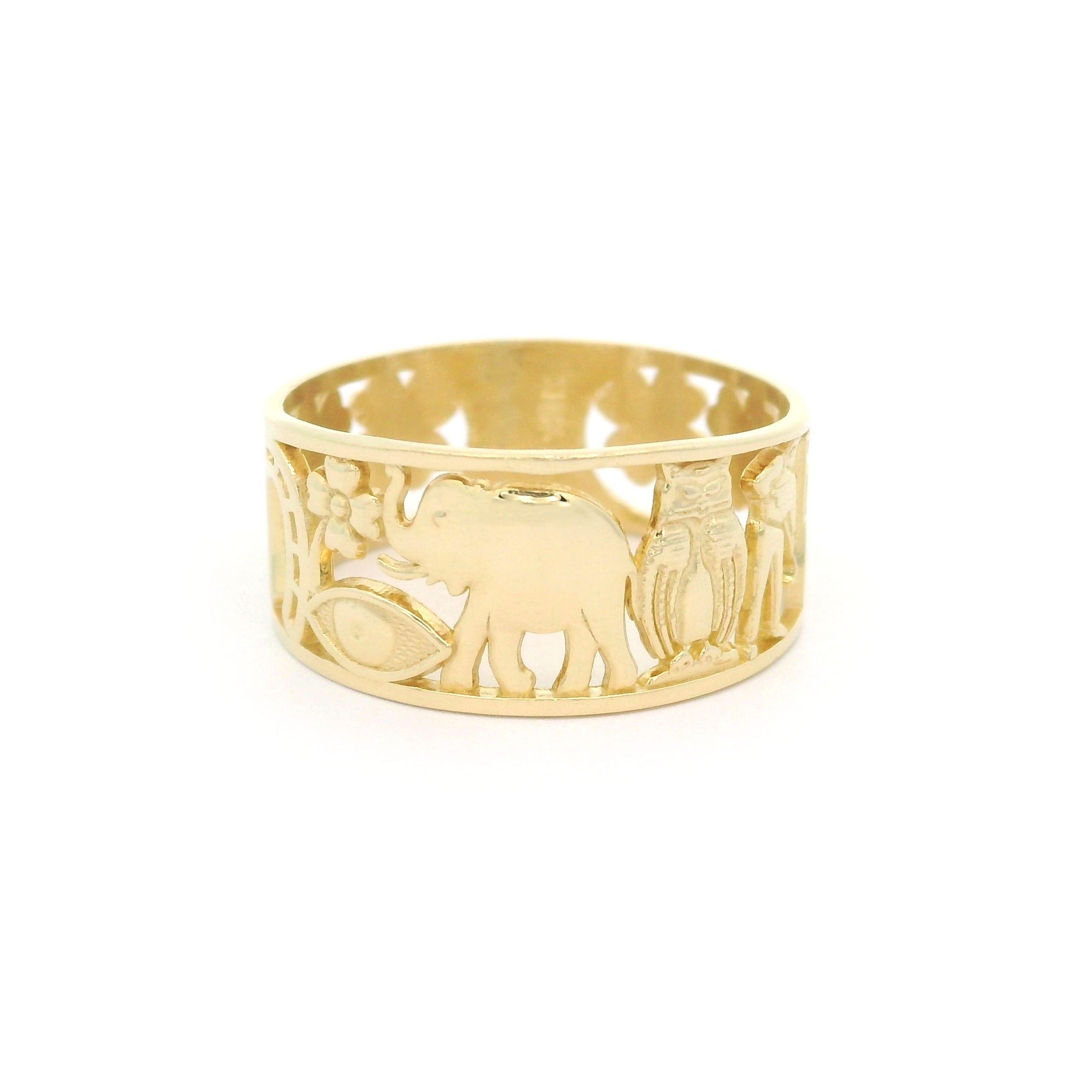 10k yellow gold ring with lucky elephant design on a white background
