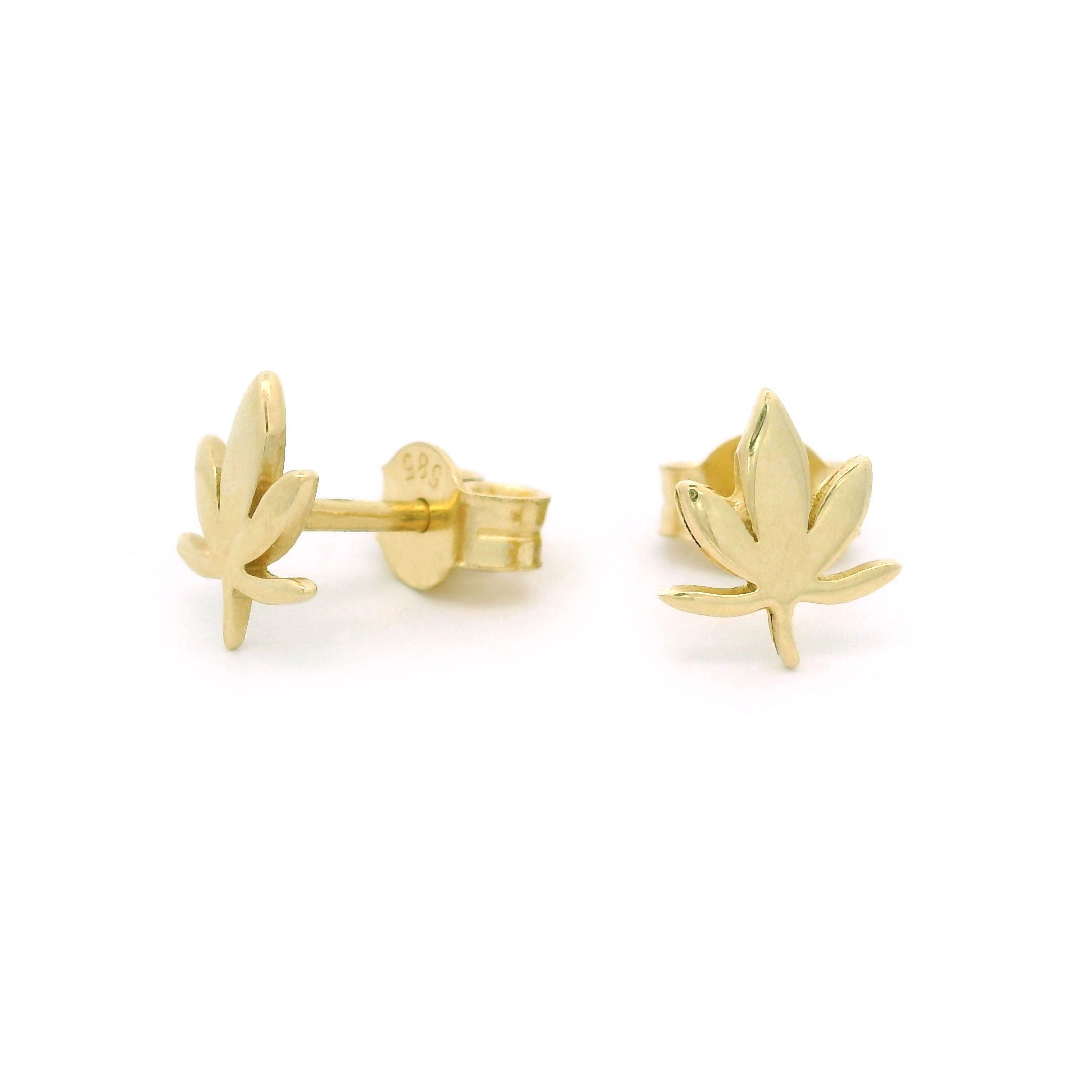 14k Yellow Gold Marijuana Leaf Stud Earrings Side