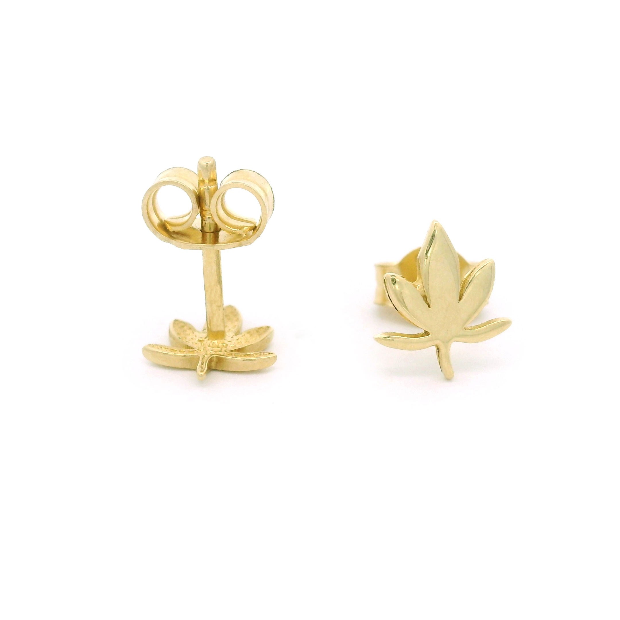 14k Yellow Gold Marijuana Leaf Stud Earrings Back