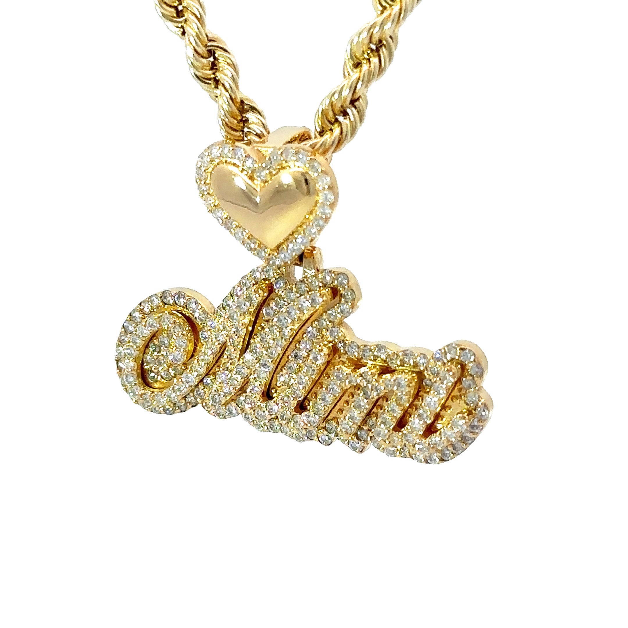 Custom Diamond Heart Outline & Cursive Personalized Name Pendant - 