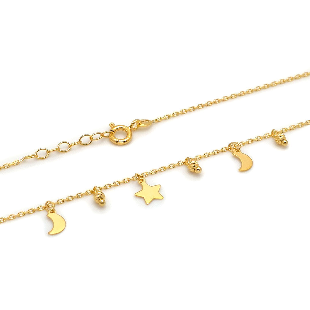 14k Moon & Star Charm Minimalist Necklace with Spring Lock