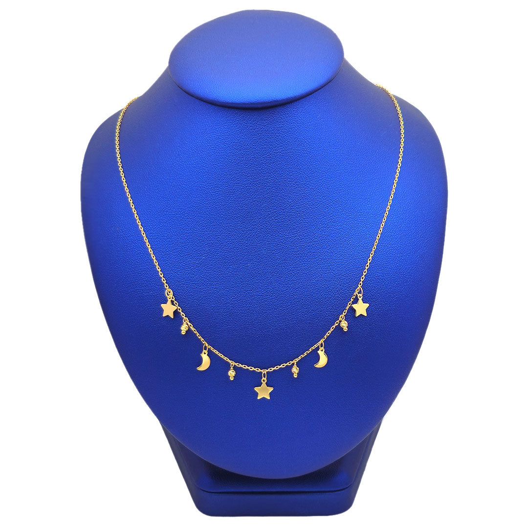 14k Moon & Star Charm Minimalist Necklace on Blue Jewelry Neck Display