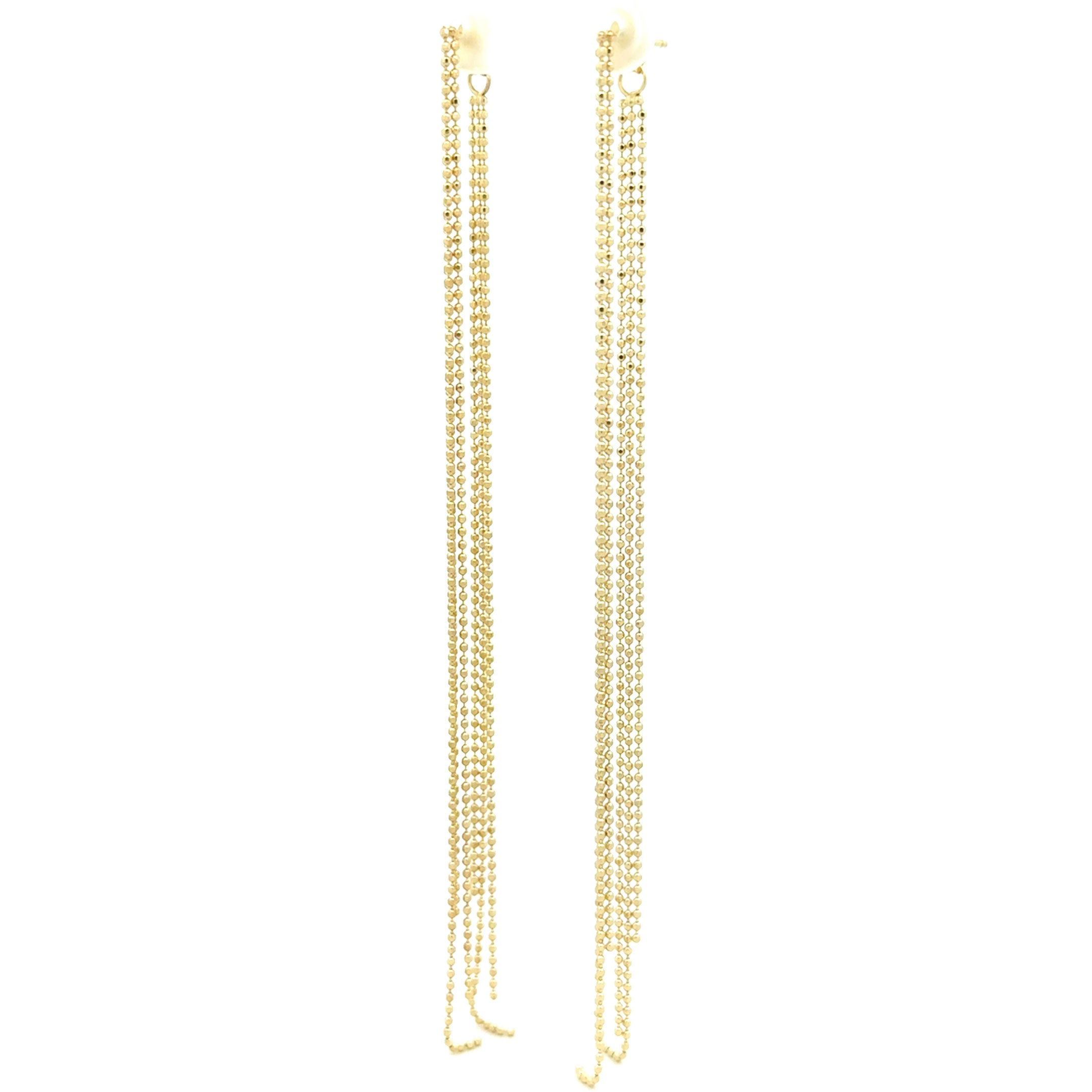 14k yellow gold hanging earrings with double set of multi strand drop to the front and back connected to the push back posts