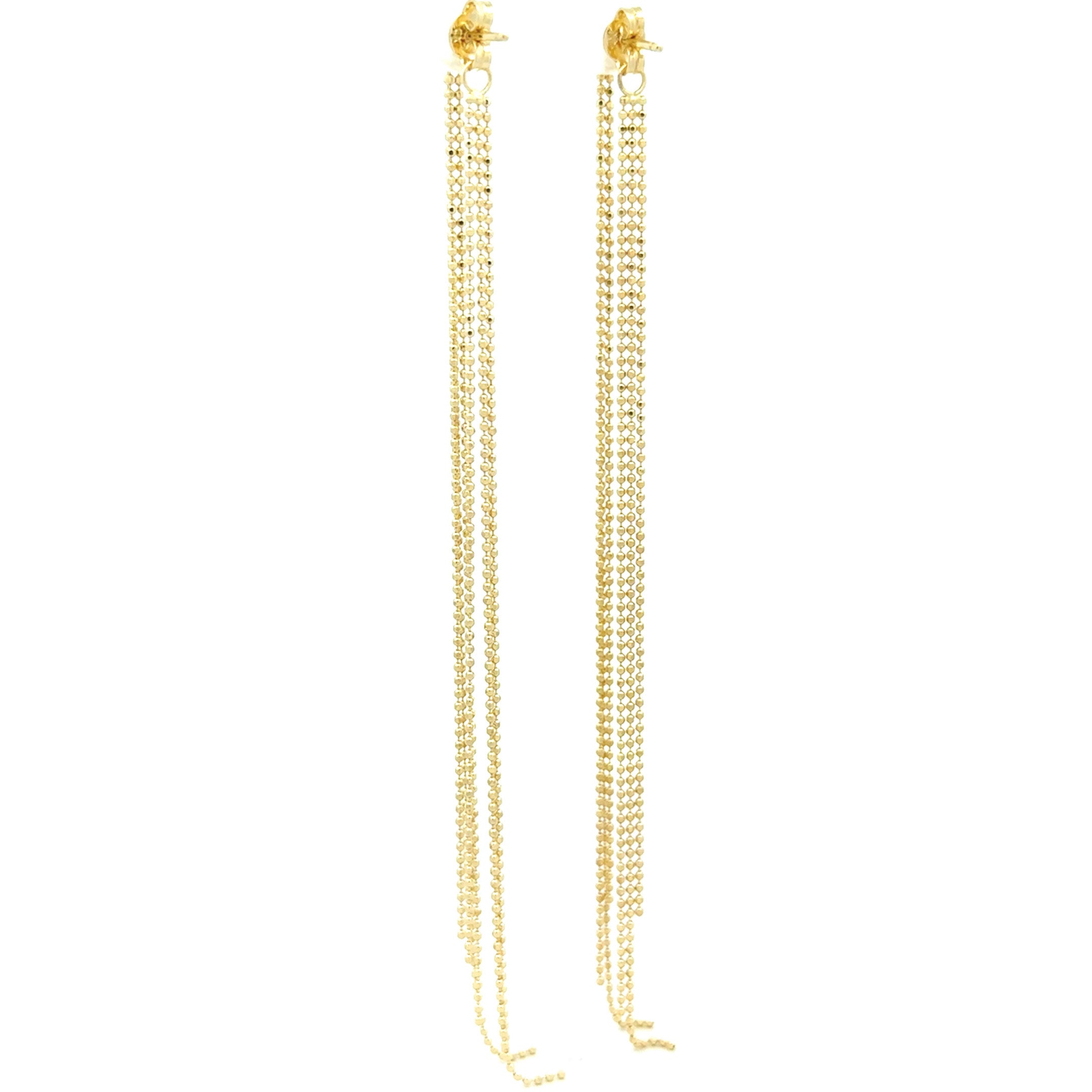 14k yellow gold hanging earrings with double set of multi strand drop to the front and back connected to the push back posts back view
