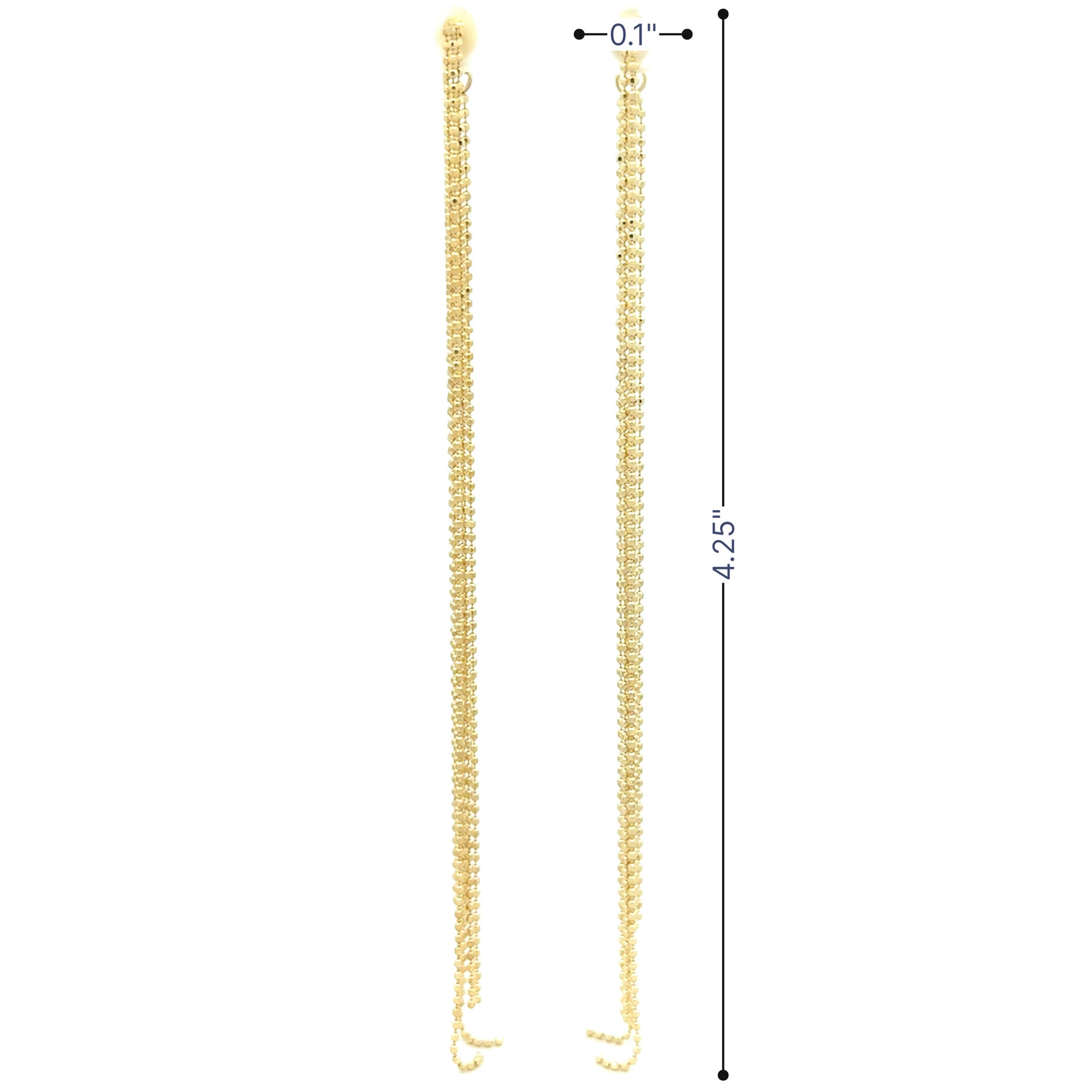 14k yellow gold hanging earrings with double set of multi strand drop to the front and back connected to the push back posts front view and size