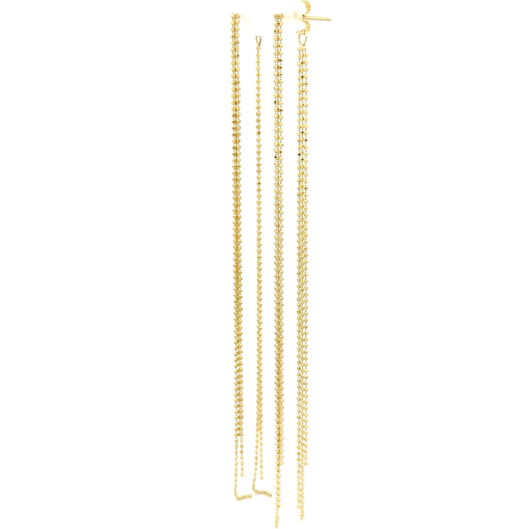 14k yellow gold hanging earrings with double set of multi strand drop to the front and back connected to the push back posts side view