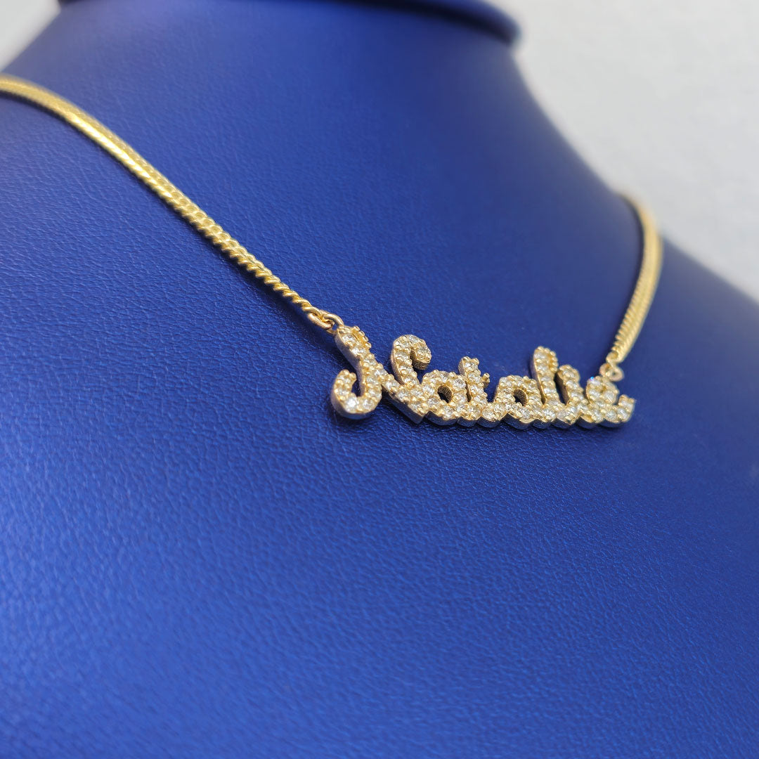 Personalized Natalie Diamond Script Sample Name Necklace in Gold Side