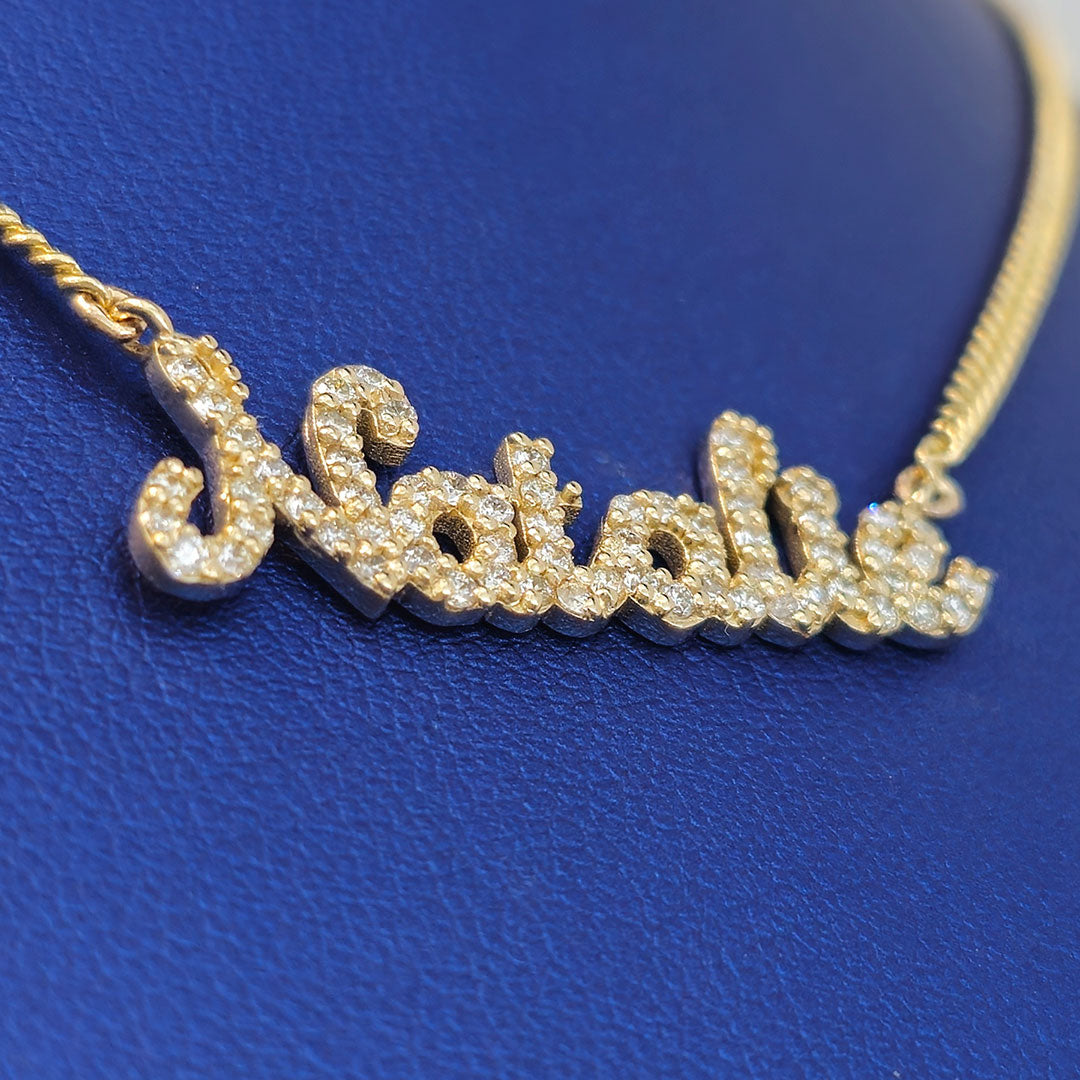 Personalized Natalie Diamond Script Sample Name Necklace in Gold Side Close