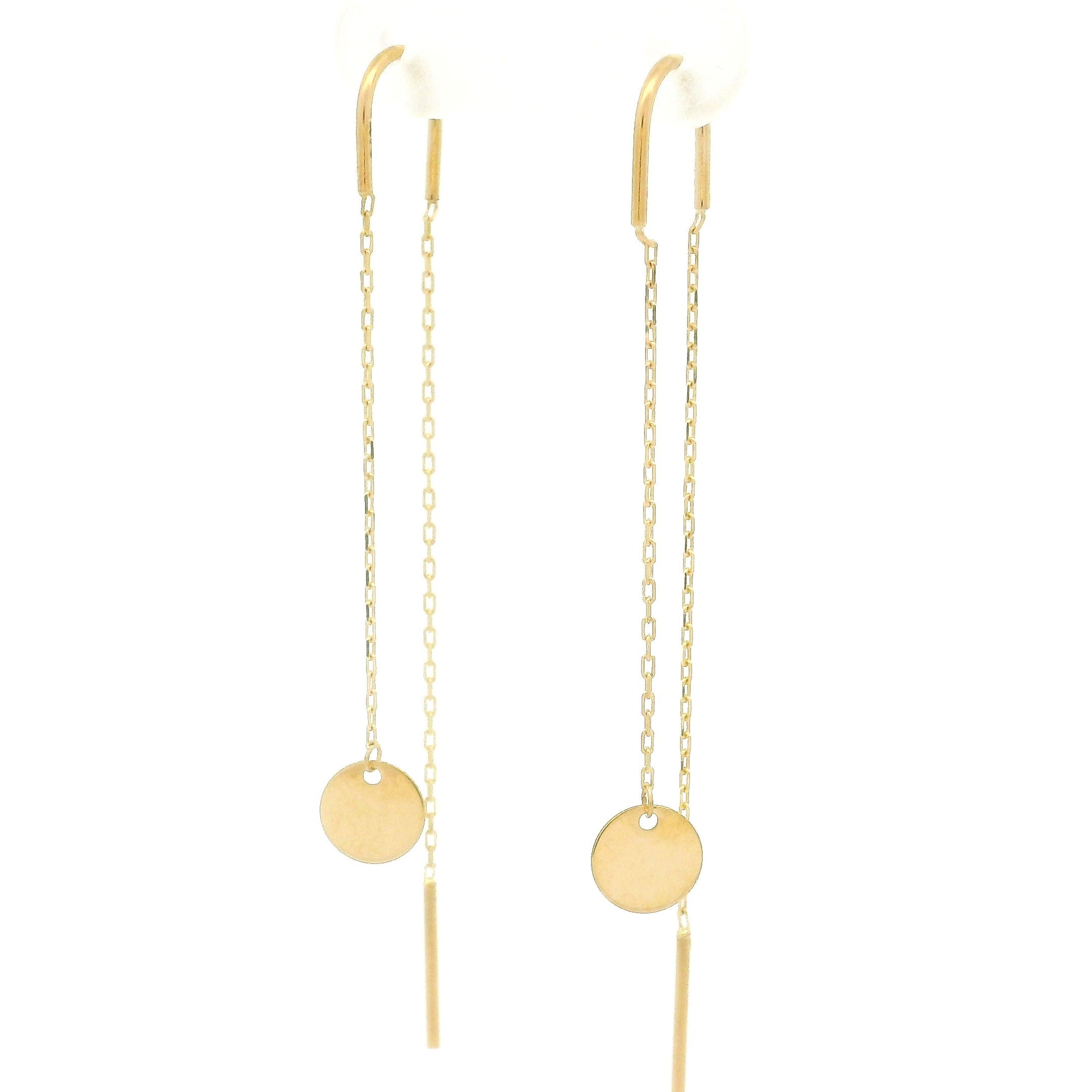 14k yellow gold needle and thread style earrings with circle charm