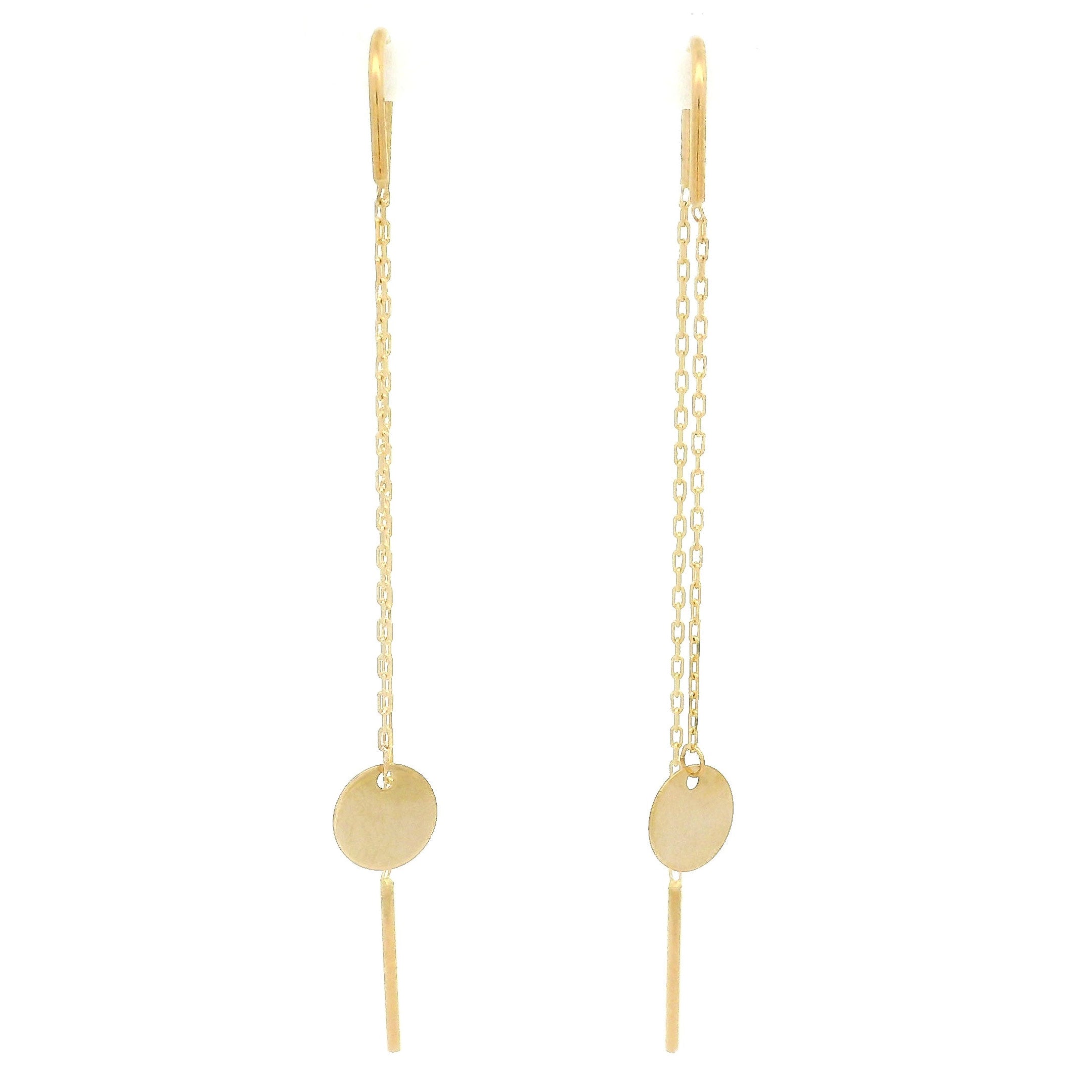 14k yellow gold needle and thread style earrings with circle charm front view