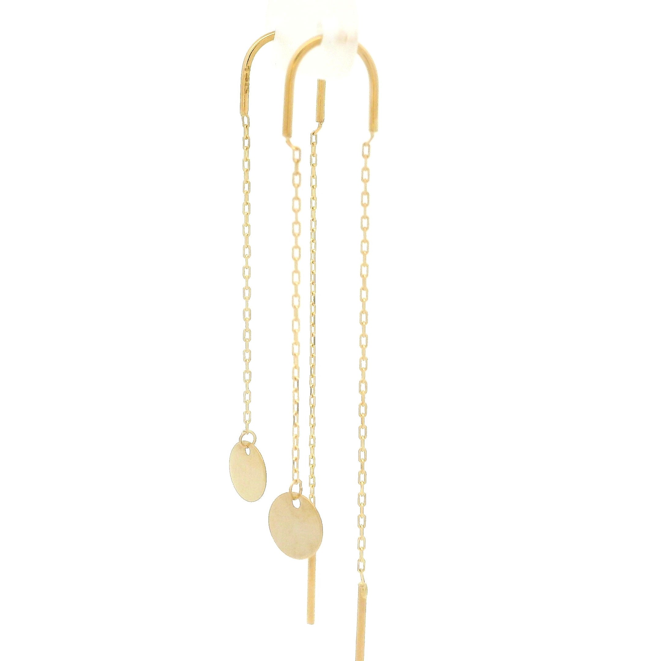 14k yellow gold needle and thread style earrings with circle charm side view