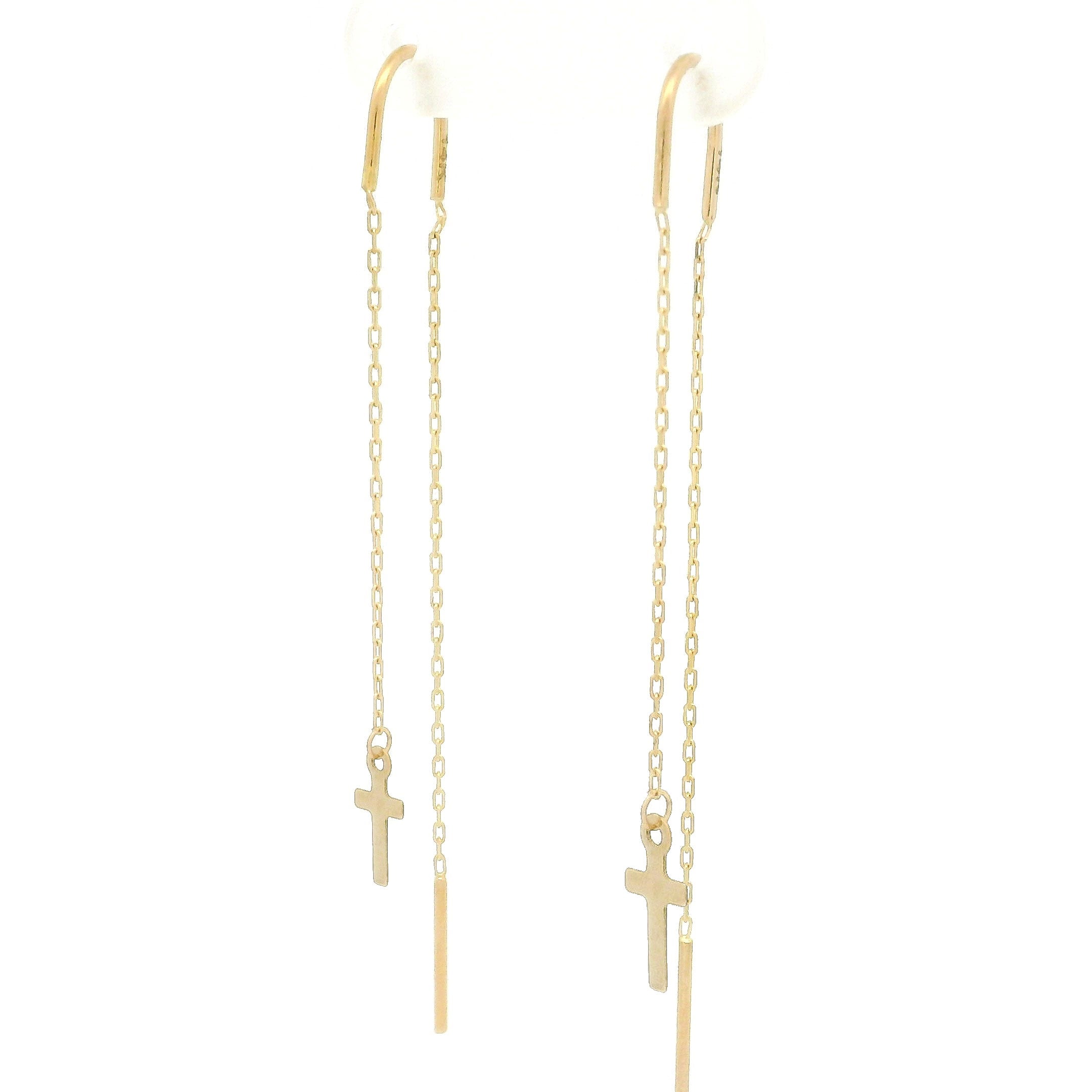 14k yellow gold needle and thread style earrings with cross charm