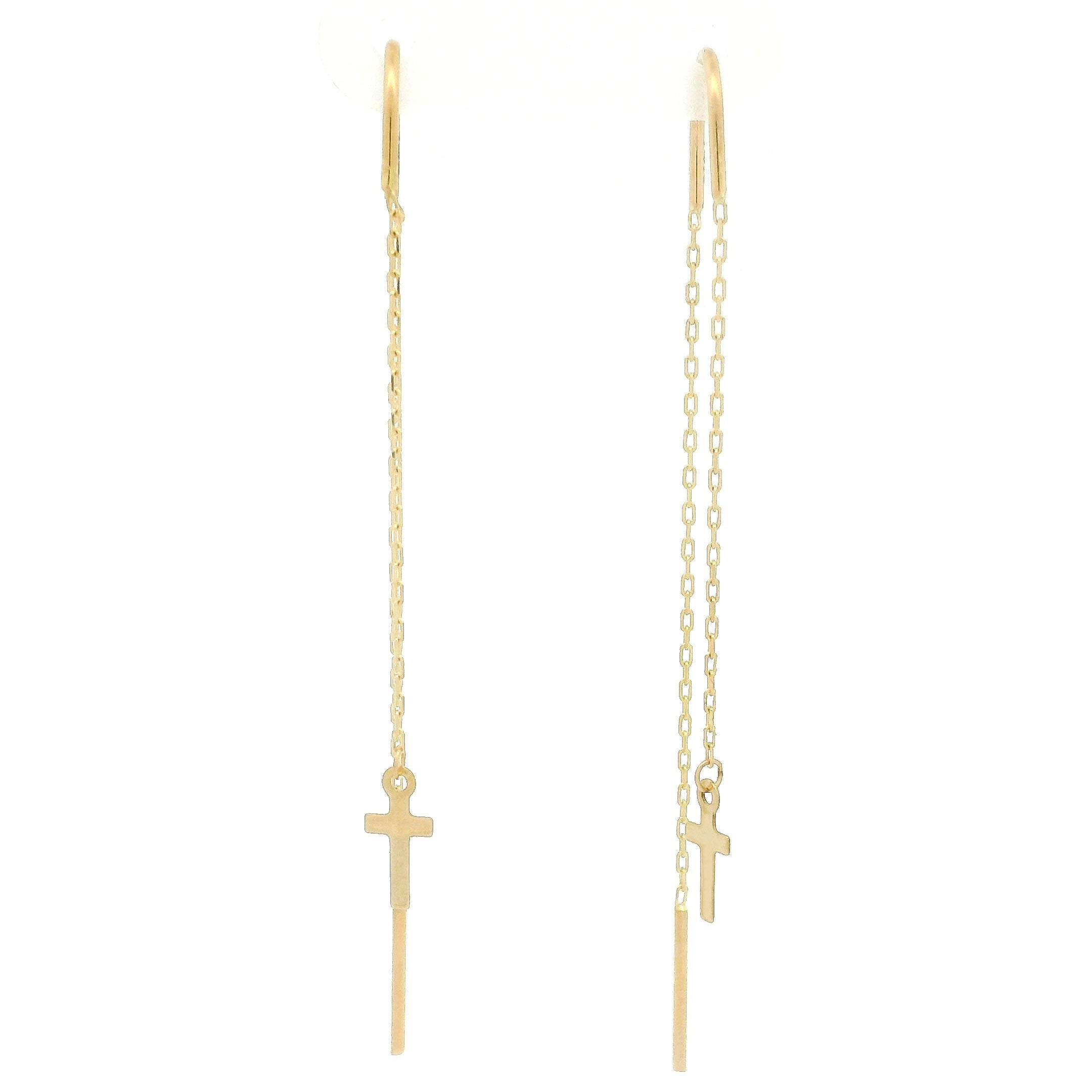 14k yellow gold needle and thread style earrings with cross charm front view