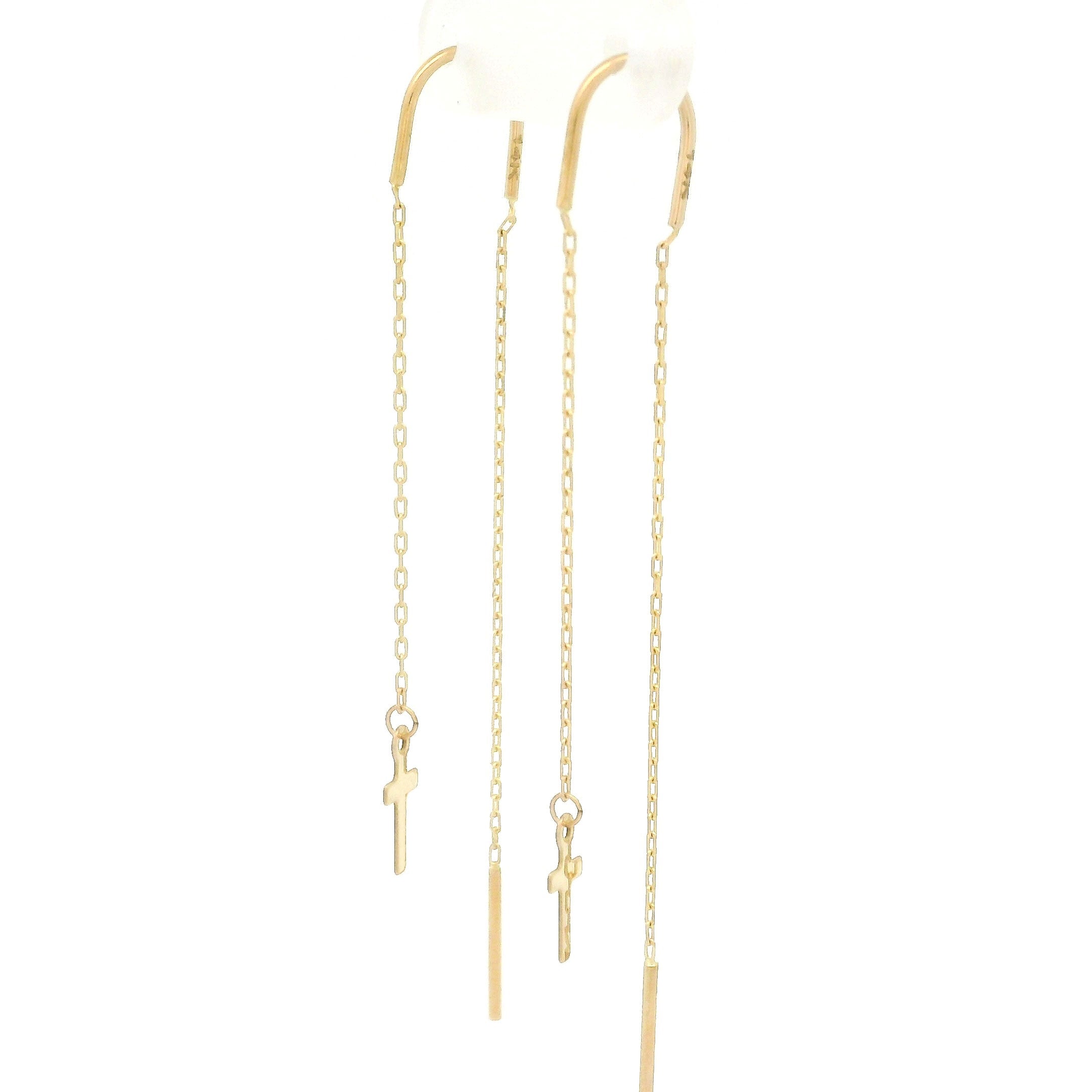 14k yellow gold needle and thread style earrings with cross charm side view